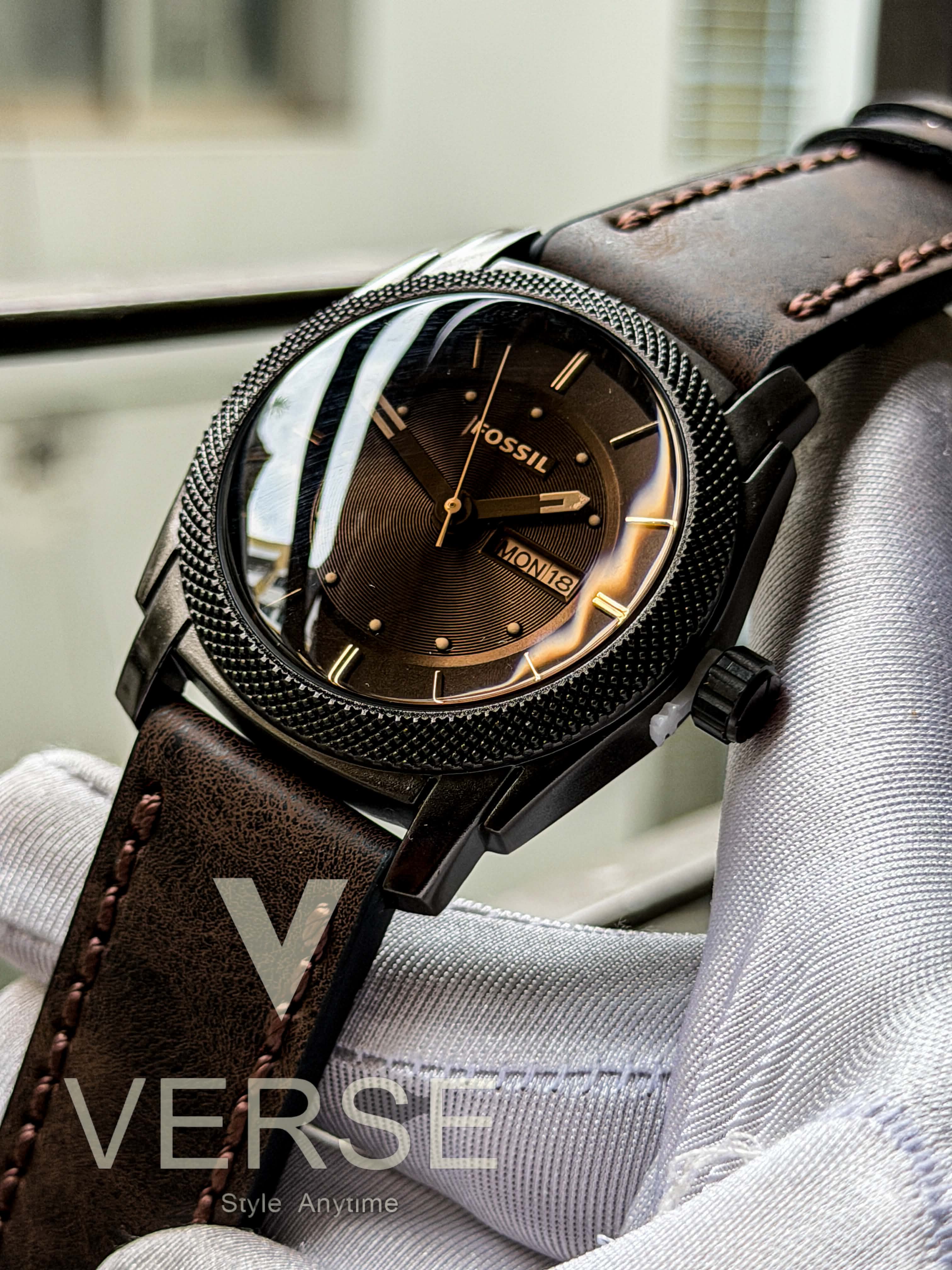 Fossil Machine Quartz Three-Hand Day-Date | Black Dial Brown Leather - ( Double A ) - VERSE -