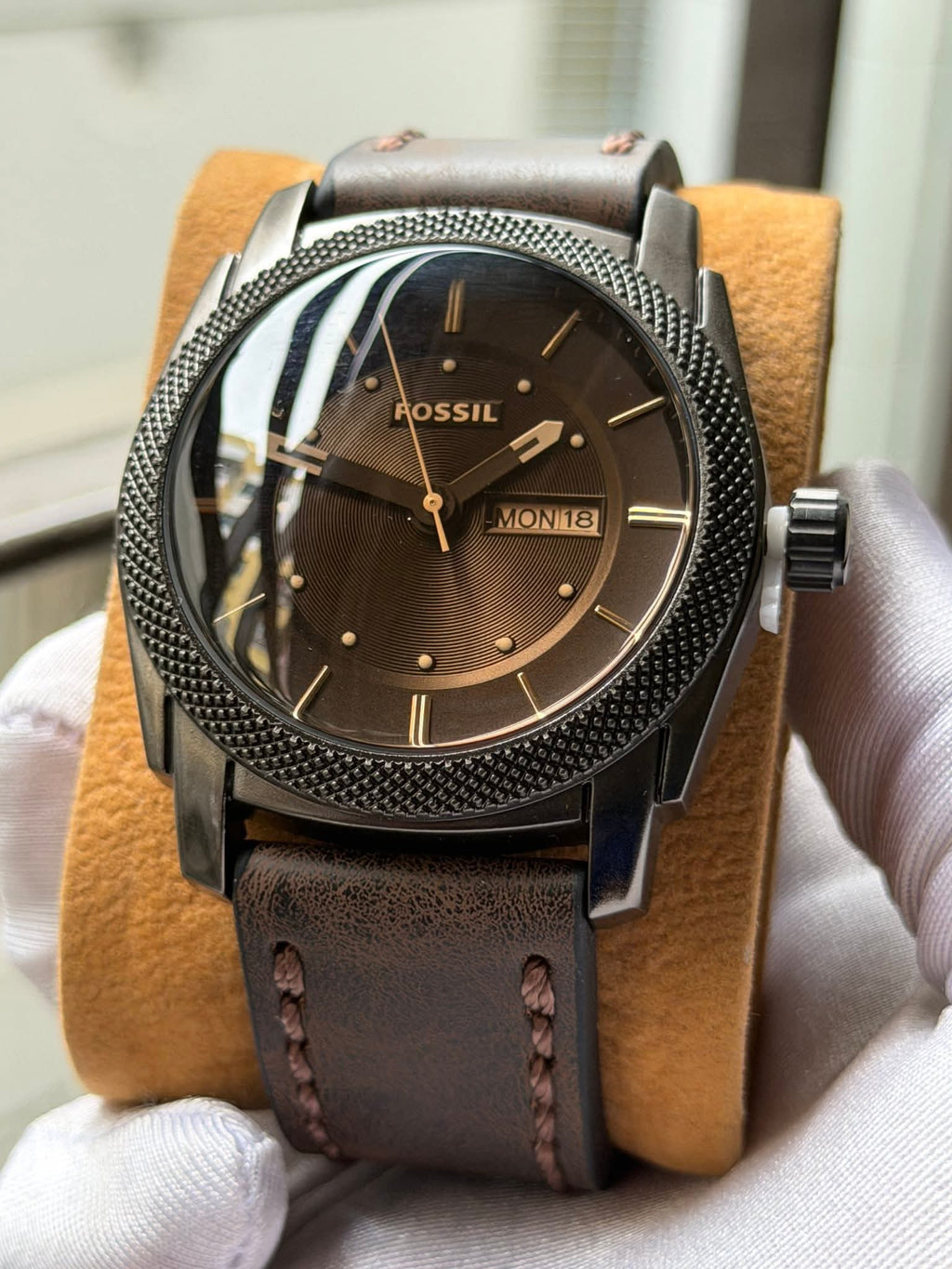 Fossil Machine Quartz Three-Hand Day-Date | Black Dial Brown Leather - ( Double A ) - VERSE -