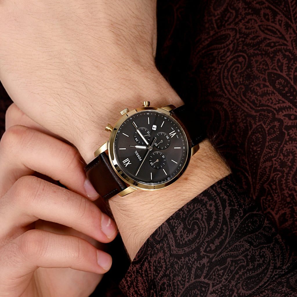 Fossil Neutra Chronograph Black Dial Gold Tone Brown Leather Men's Watch | Fossil FS5763 - VERSE - 