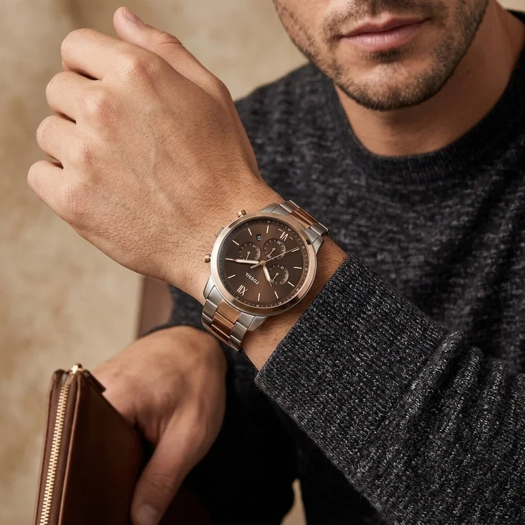 Fossil Neutra Chronograph Two-Tone Caramel Brown Dial Stainless Steel Men's Watch | Fossil FS5869 - VERSE -