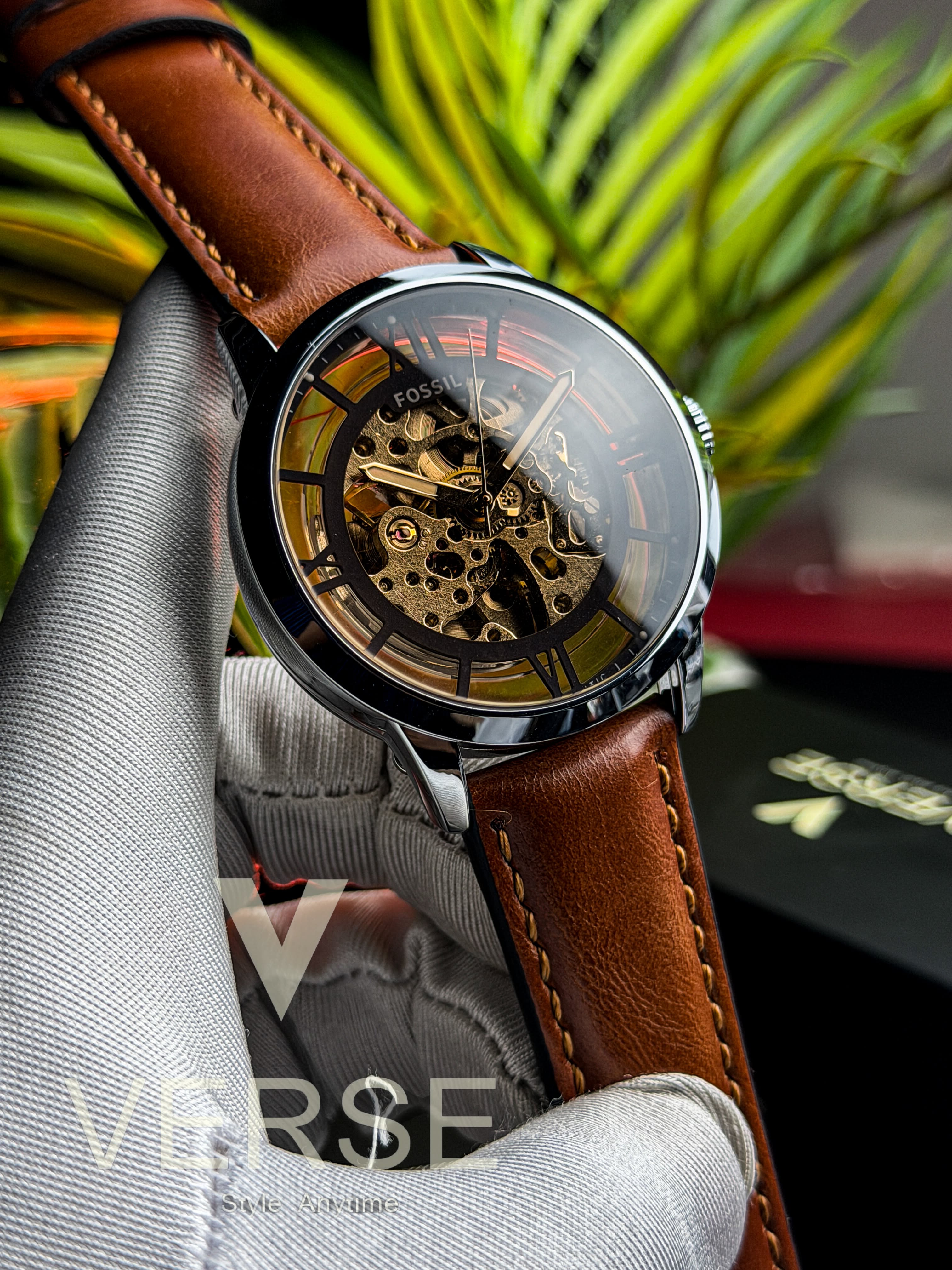 Fossil Townsman Automatic | Cognac Brown Leather Silver Case - ( Double A ) - VERSE -