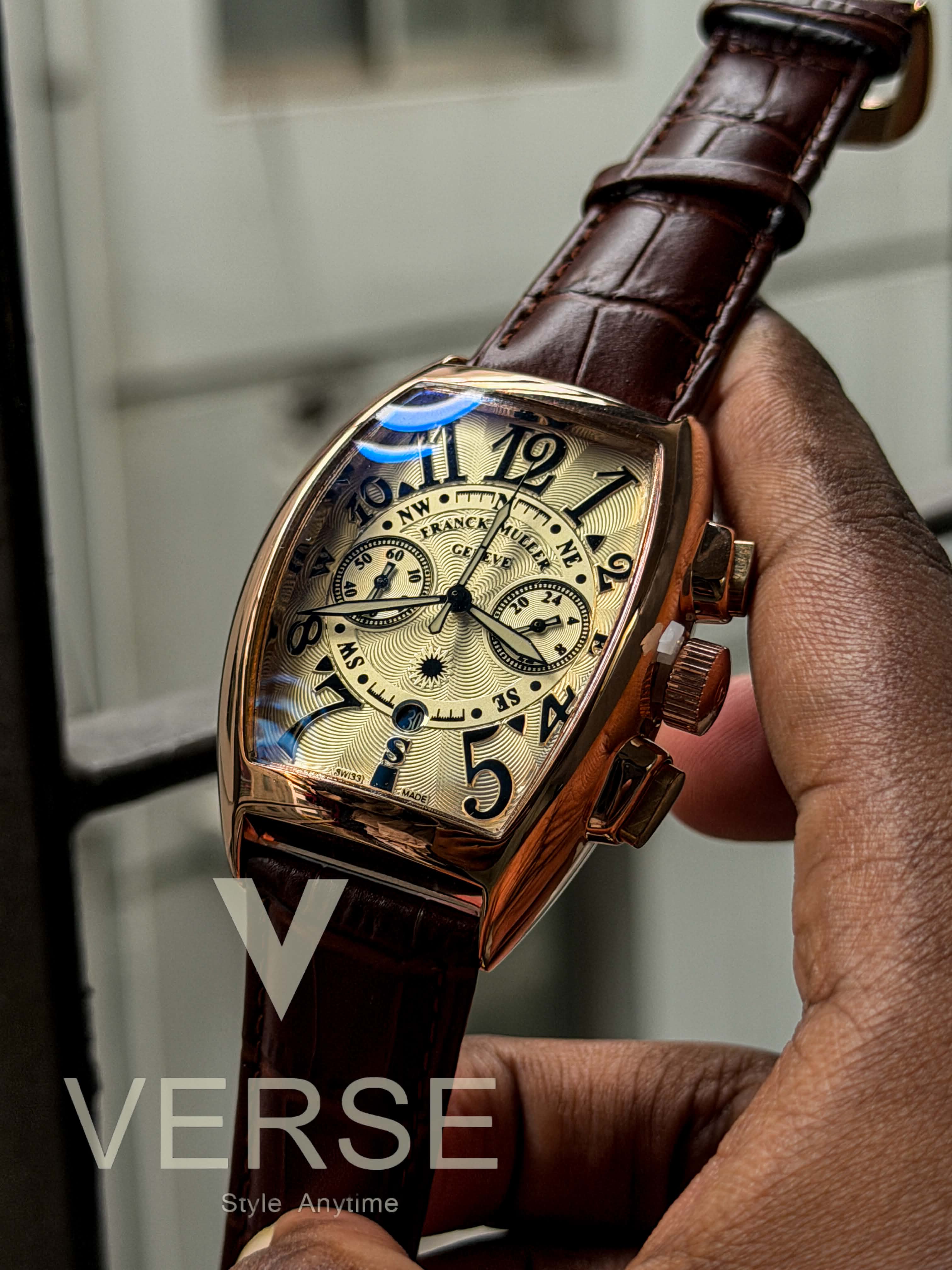 Franck Muller Cintrée Curvex Chronograph | Silver Guilloché Dial Brown Leather - ( Double A ) - VERSE -