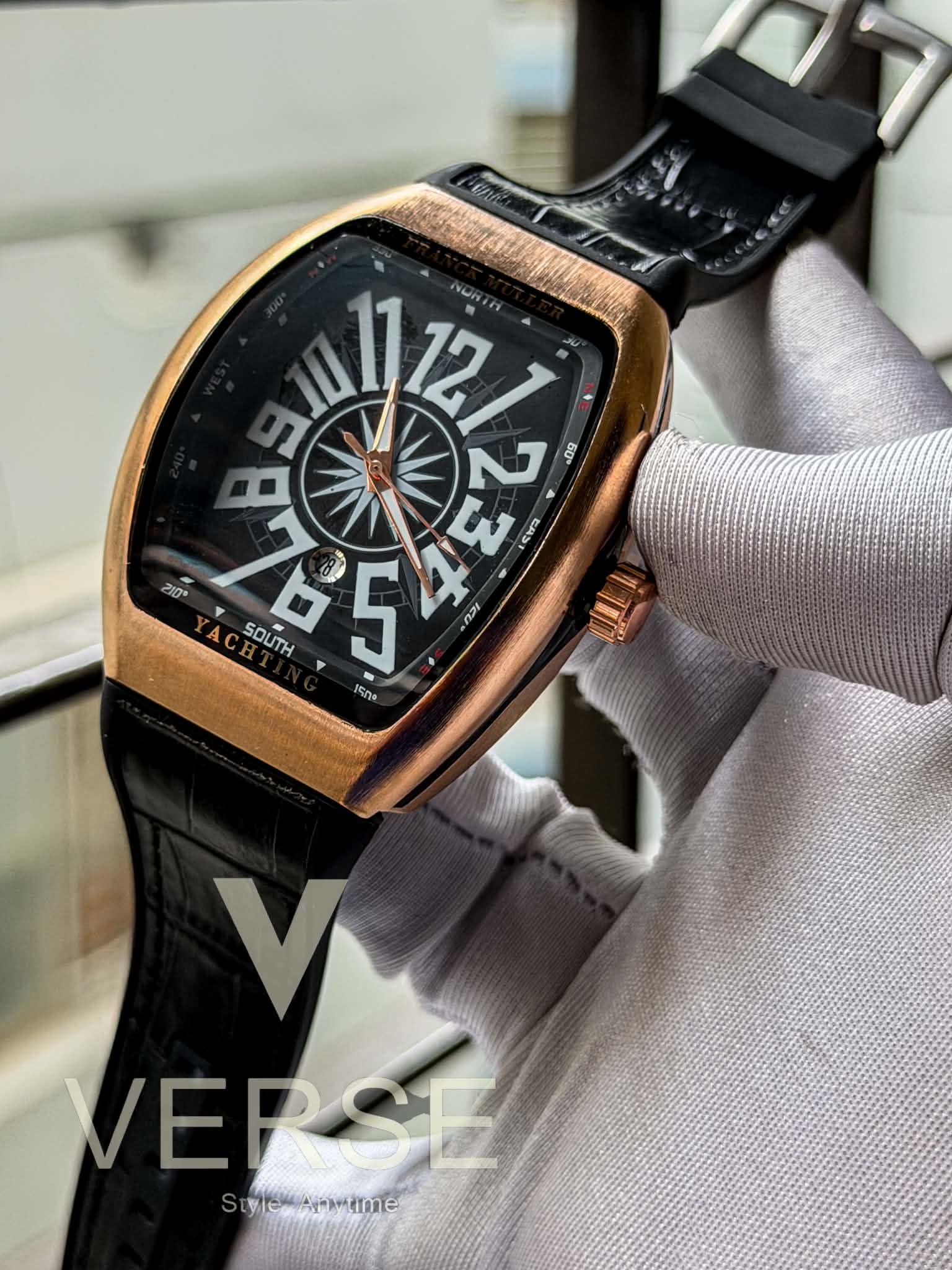 Franck Muller Vanguard Yachting "Cintrée Curvex" Quartz | Black Leather RoseGold Case - ( Double A) - VERSE -