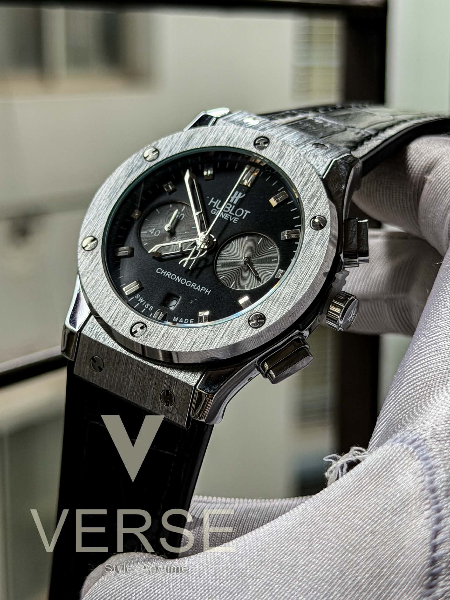 Hublot CF Chronograph V2 | Black Dial Silver Case Black Leather - ( Double A ) - VERSE -
