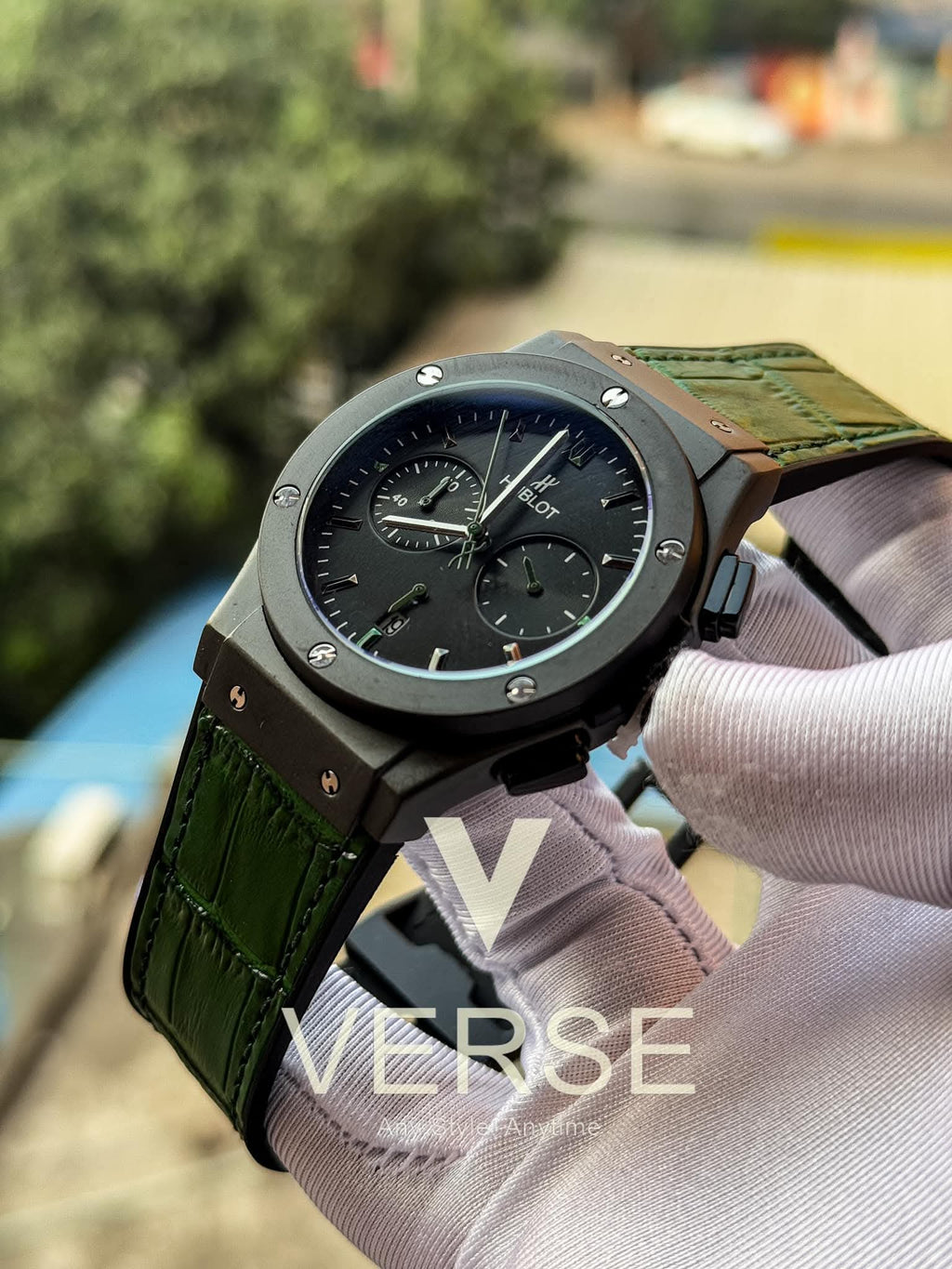 Hublot Classic Fusion Chronograph - Green Croc Leather Matte Black Dial ( Double A ) - VERSE - 