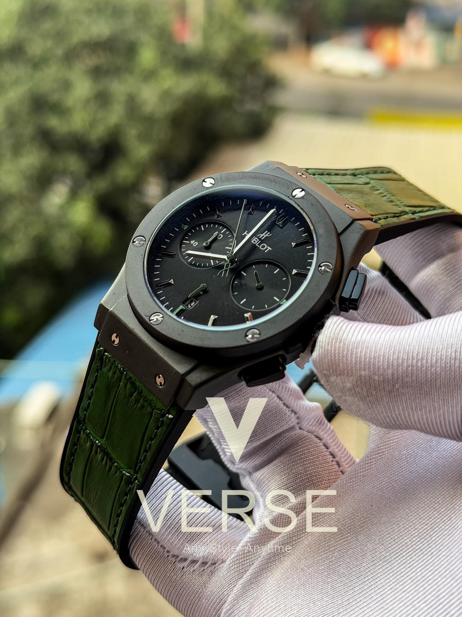 Hublot Classic Fusion Chronograph - Green Croc Leather Matte Black Dial ( Double A ) - VERSE - 