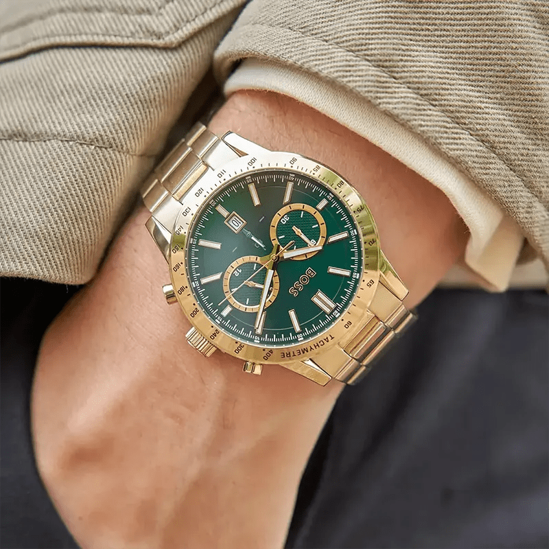 Hugo Boss Allure Chronograph Green Dial Yellow Gold Stainless Steel Men's Watch | Hugo Boss 1513923 - VERSE -
