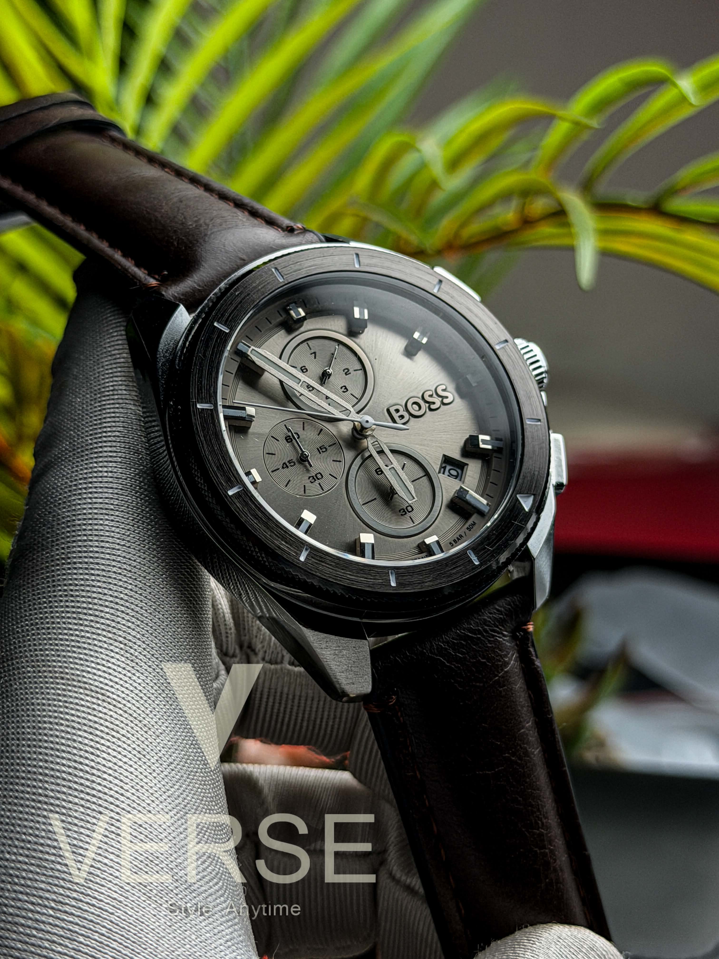 Hugo Boss Integrity Chronograph – Charcoal Dial with Espresso Leather (Double A) - VERSE -