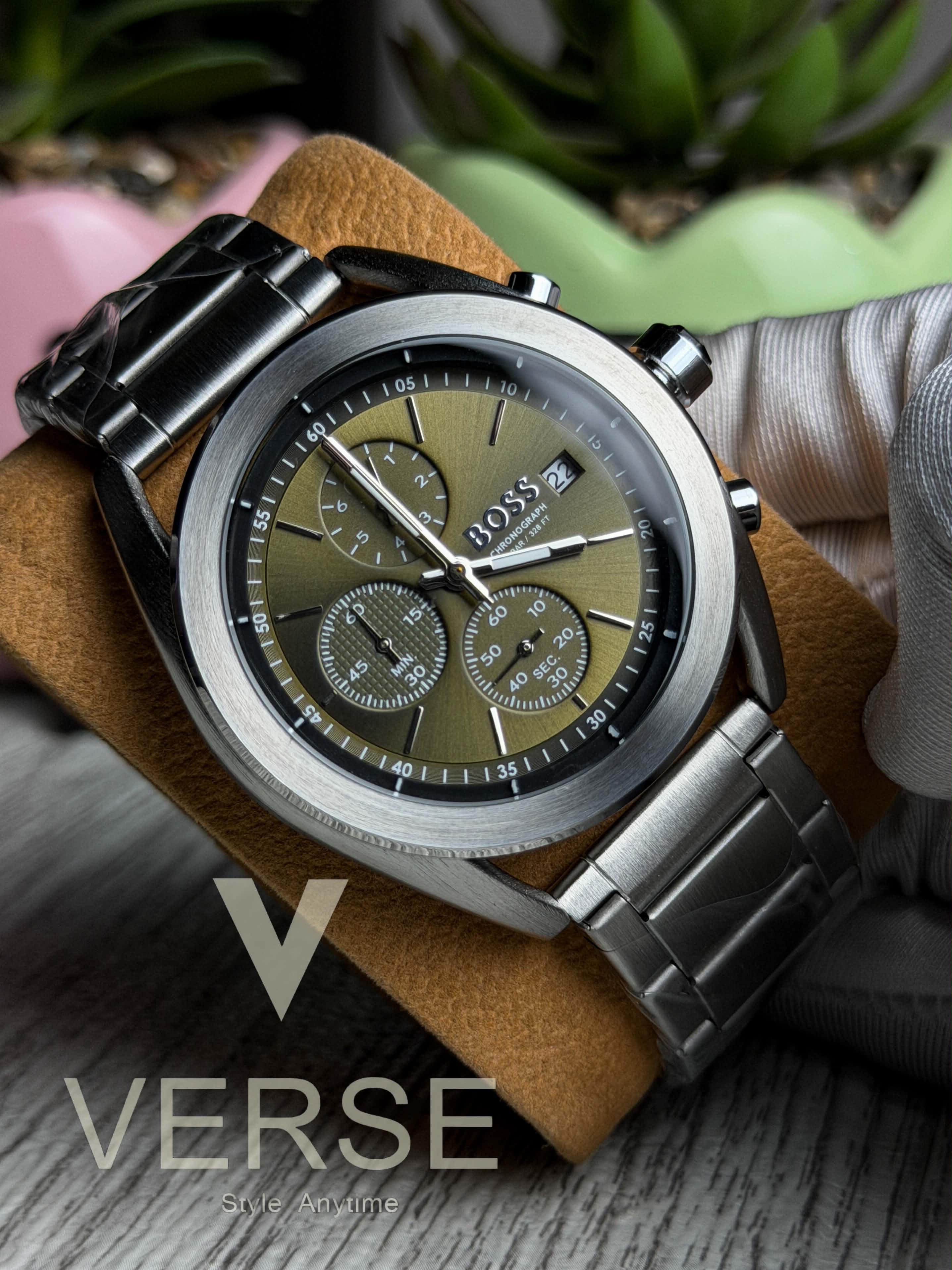 Hugo Boss Volane Chronograph | Olive Green Dial Stainless Steel Watch - ( Double A ) - VERSE - 