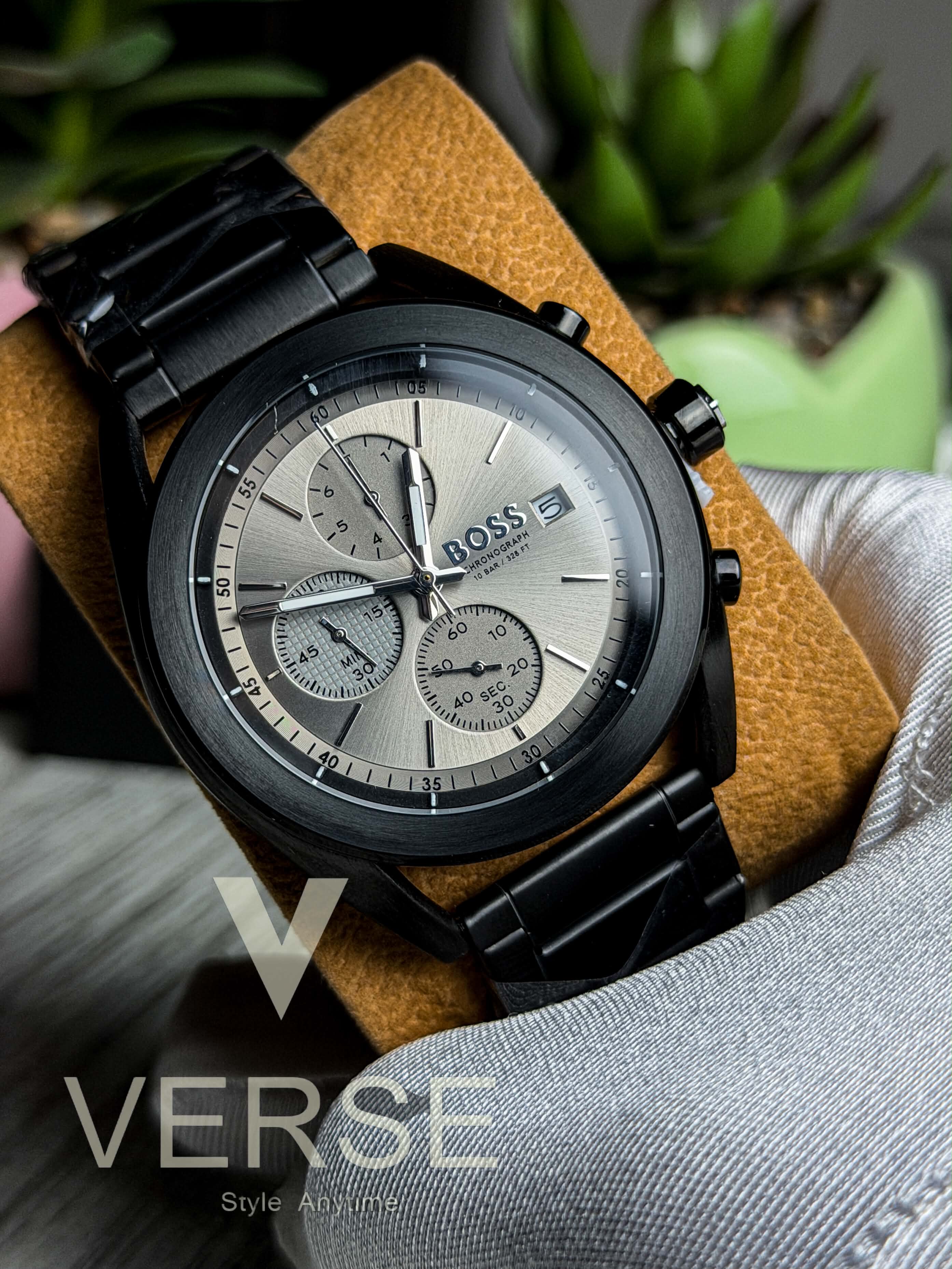 Hugo Boss Volane Chronograph | Tan Grey Dial Black Stainless Steel Watch - ( Double A ) - VERSE - 