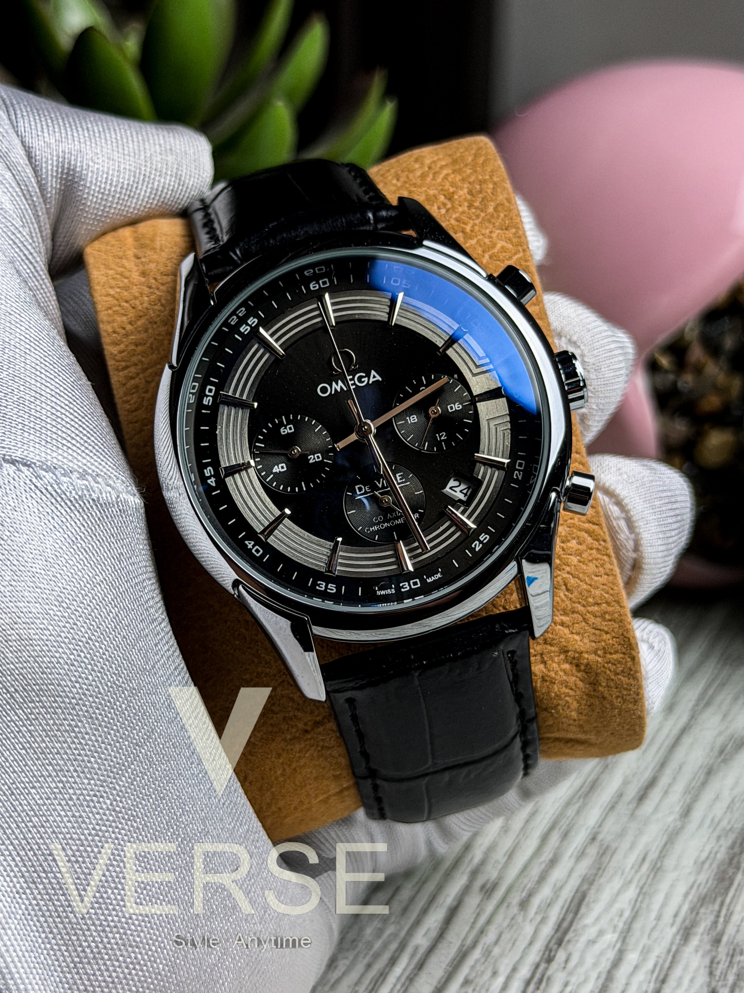 Omega De Ville Hour Vision Chronograph | Two - Tone Black Dial Black Leather Strap - ( Double A ) - VERSE - 