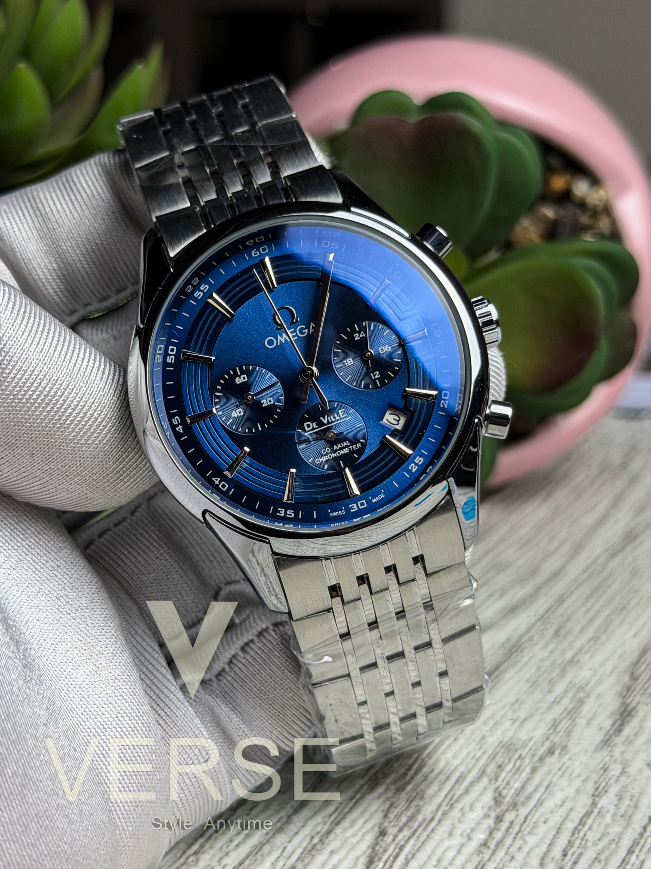 Omega De Ville Hour Vision Chronograph | Two - Tone Night Blue Dial Stainless Steel Watch - ( Double A ) - VERSE - 