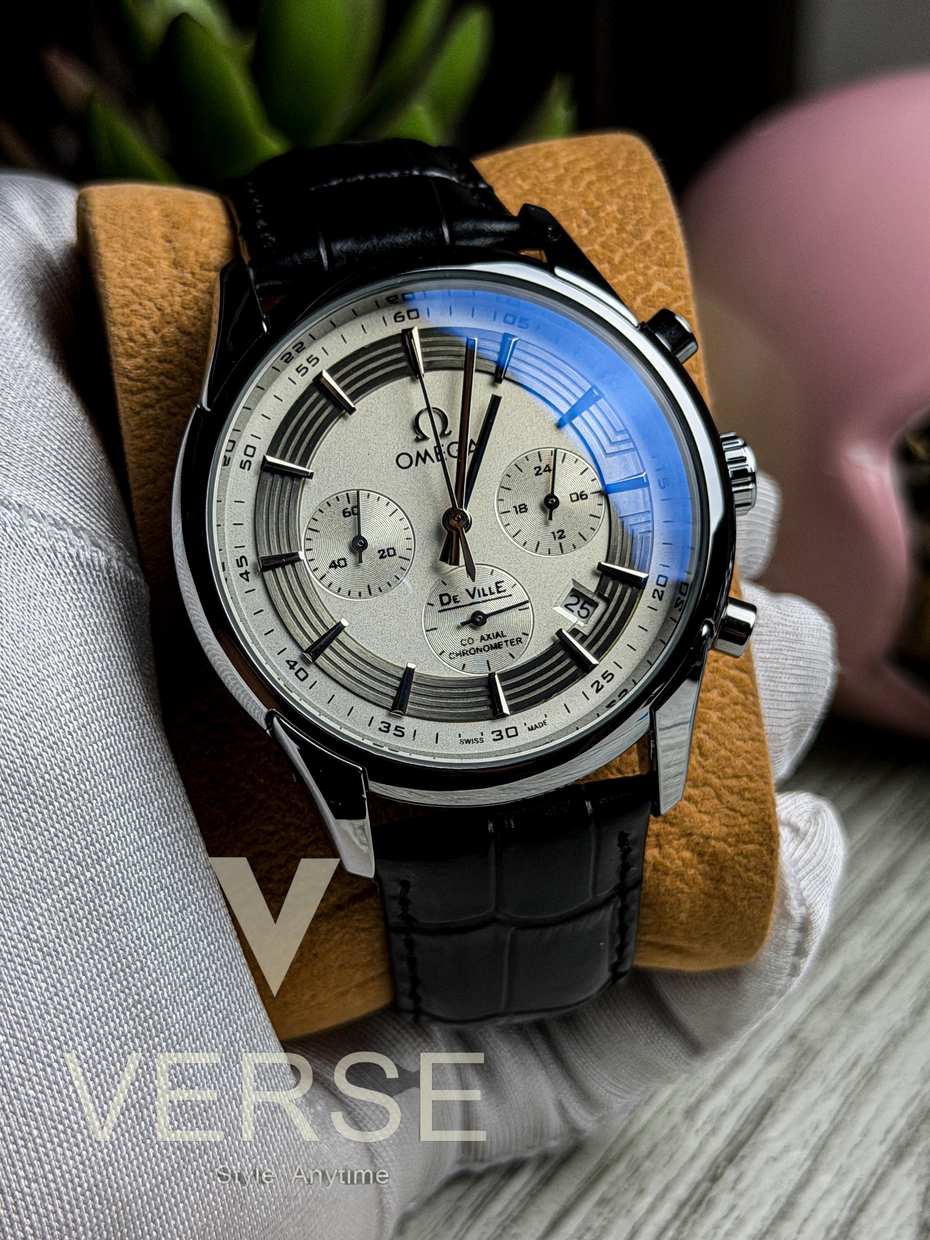 Omega De Ville Hour Vision Chronograph | Two - Tone White Dial Black Leather Strap - ( Double A ) - VERSE - 