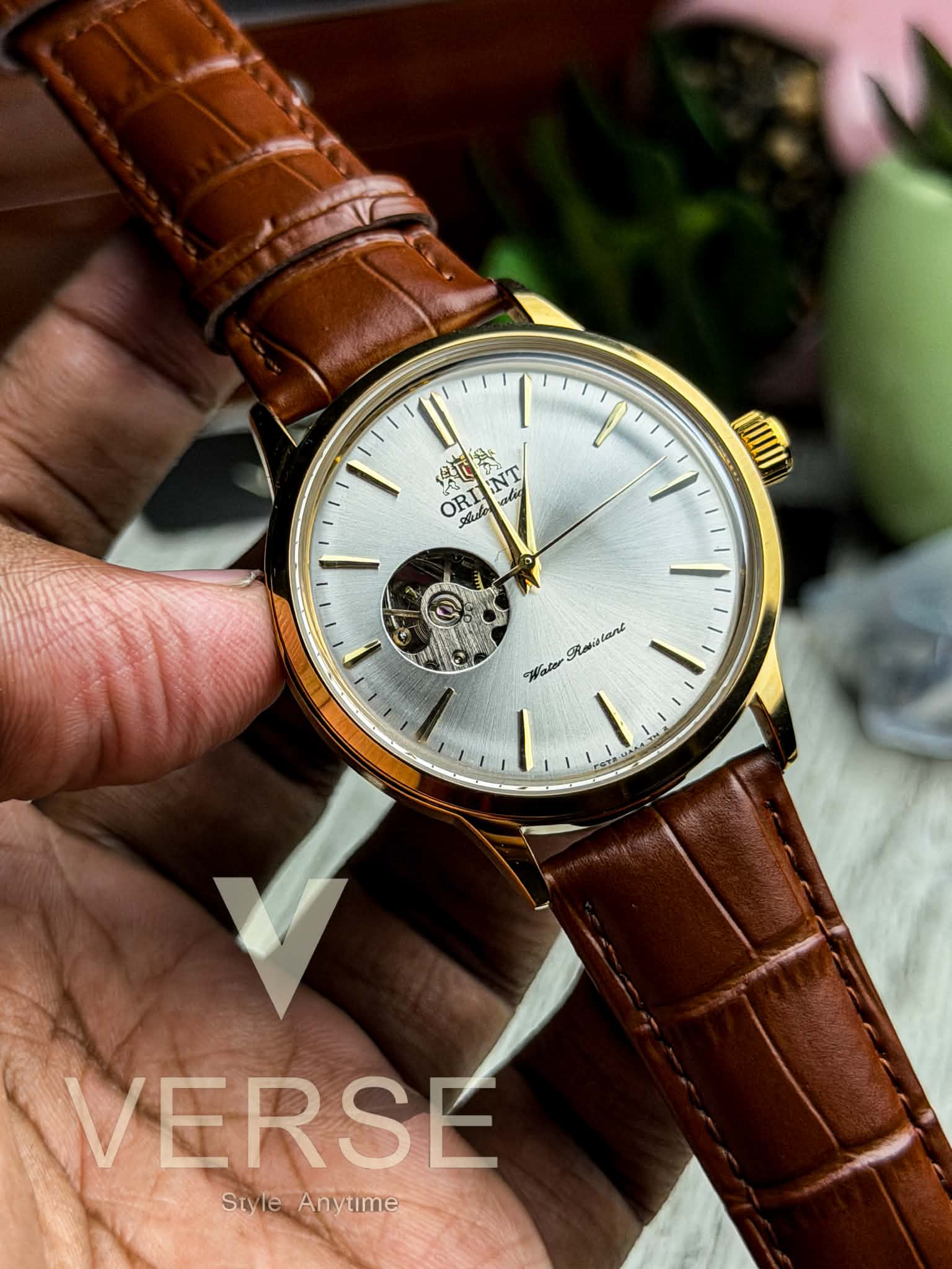 Orient Bambino Open Heart Automatic | Silver Dial Brown Leather Strap Golden Case - ( Double A ) - VERSE -