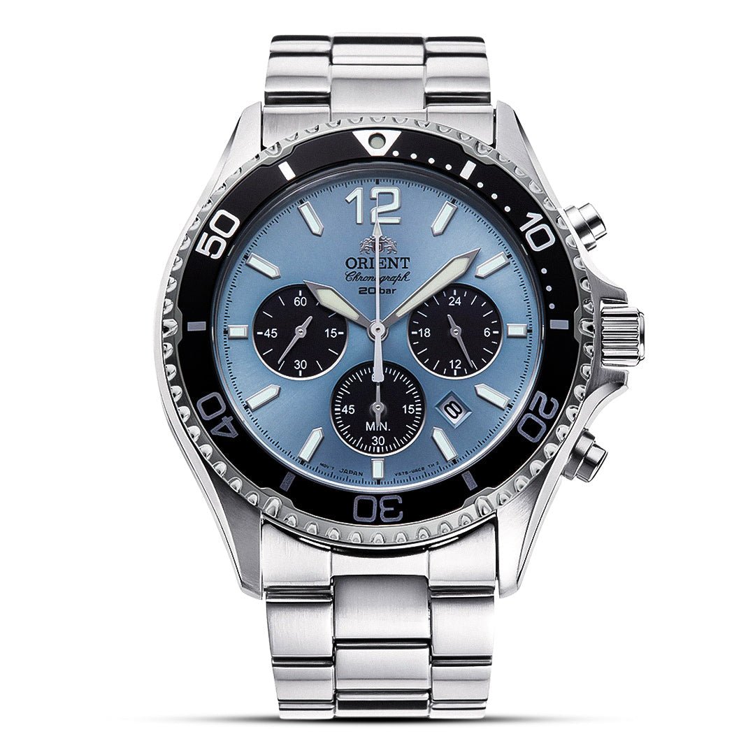 Orient Mako Solar Chronograph Sky Blue Panda Dial Stainless Steel Men's Watch | Orient RA-TX0206L - VERSE -