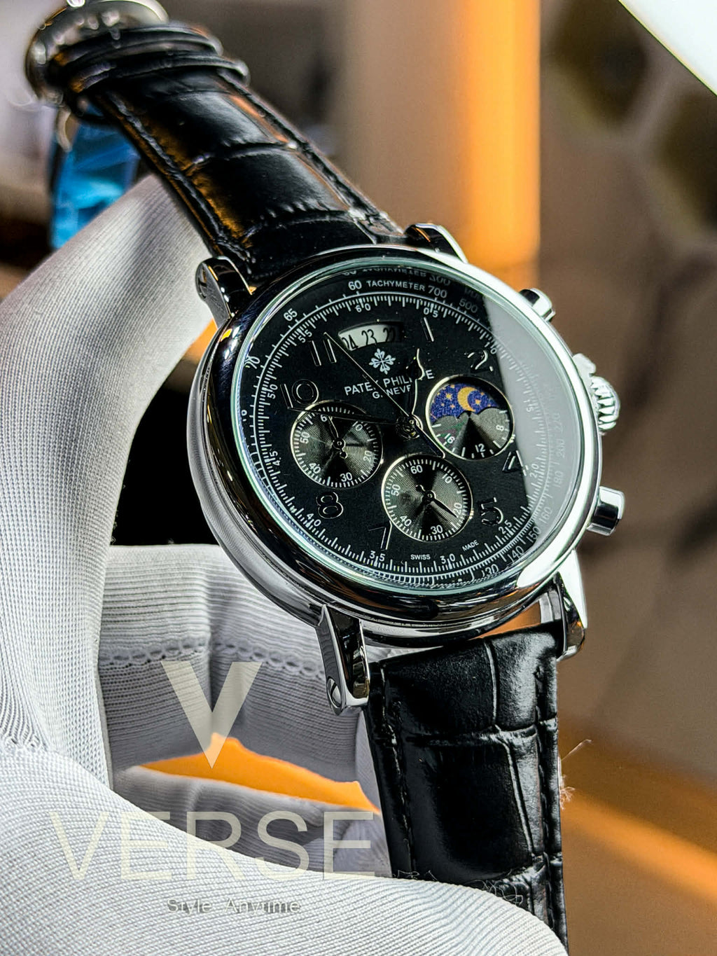 Patek Philippe Alchemist Moonphase Chronograph - Black Leather Black Dial Silver Case AA - VERSE - 
