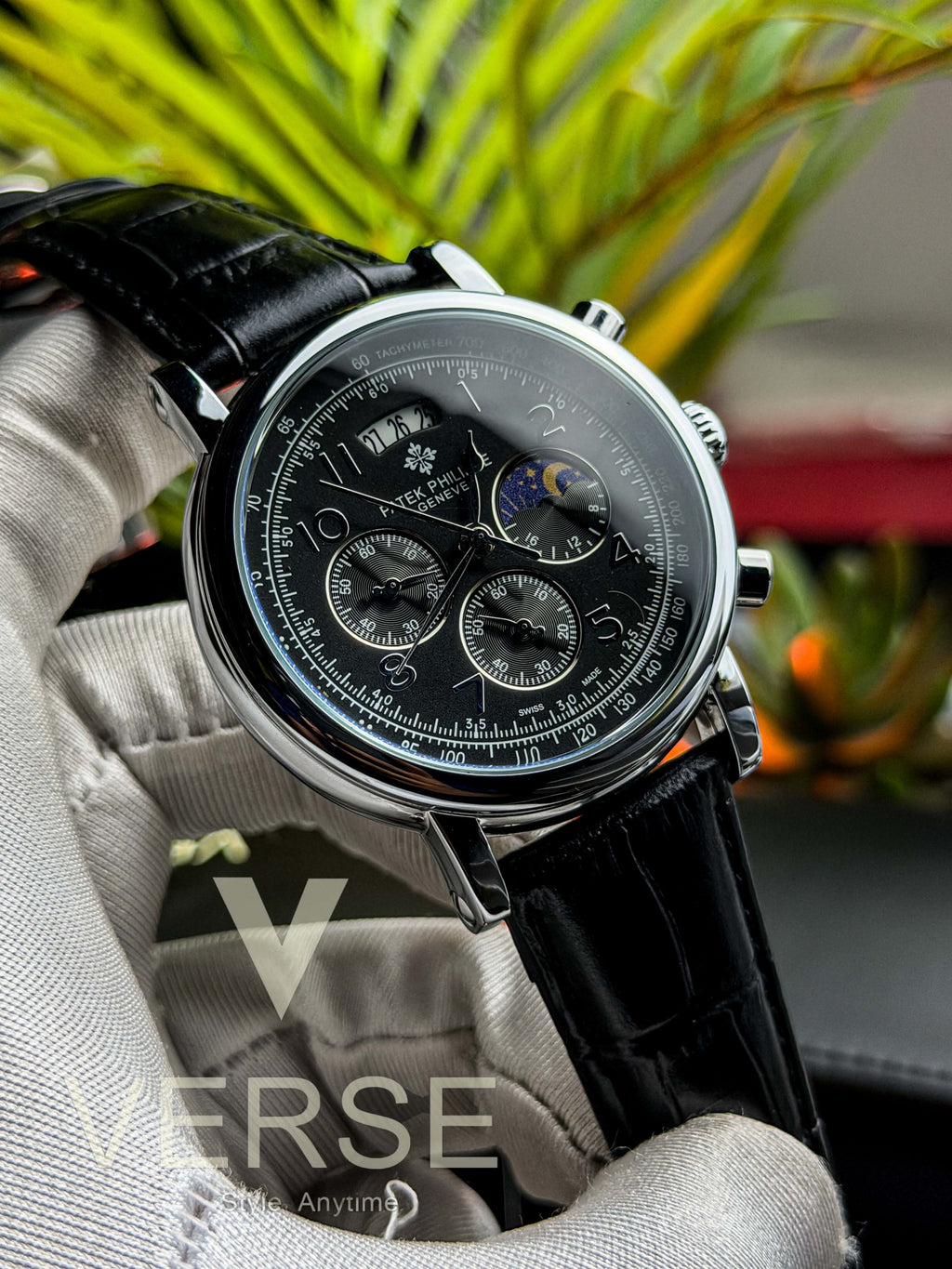 Patek Philippe Alchemist Moonphase Chronograph | Black Leather Black Dial Silver Case - ( Double A ) - VERSE -