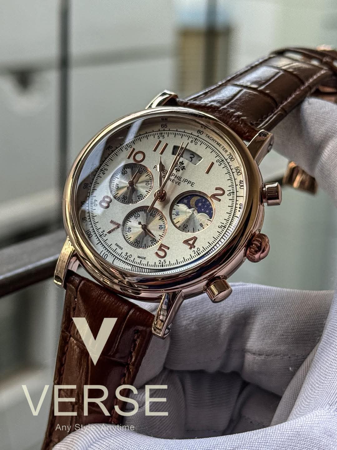 Patek Philippe Alchemist Moonphase Chronograph - Brown Leather White Dial RG Case ( Double A ) - VERSE -