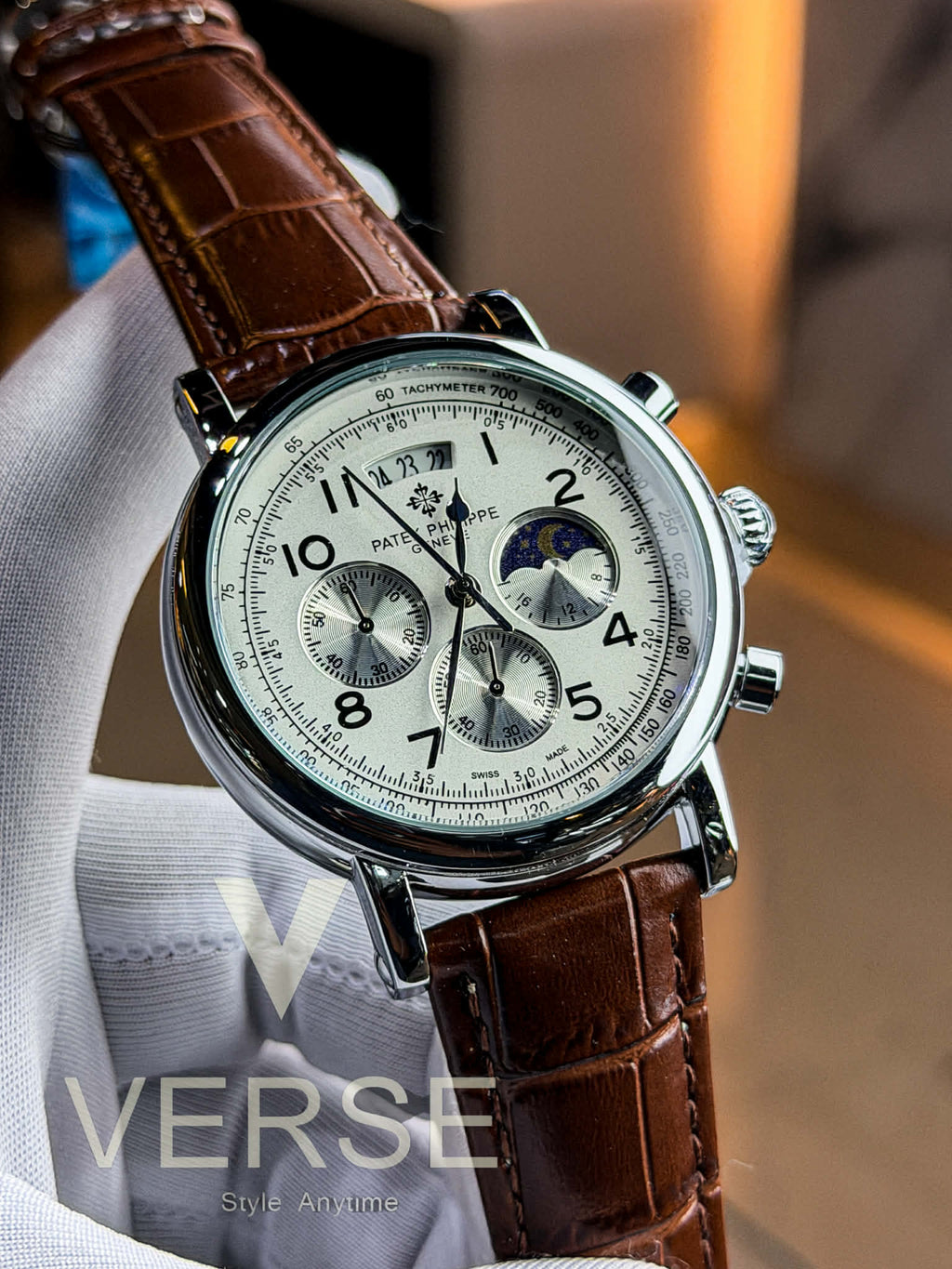 Patek Philippe Alchemist Moonphase Chronograph - Brown Leather White Dial Silver Case AA - VERSE - 