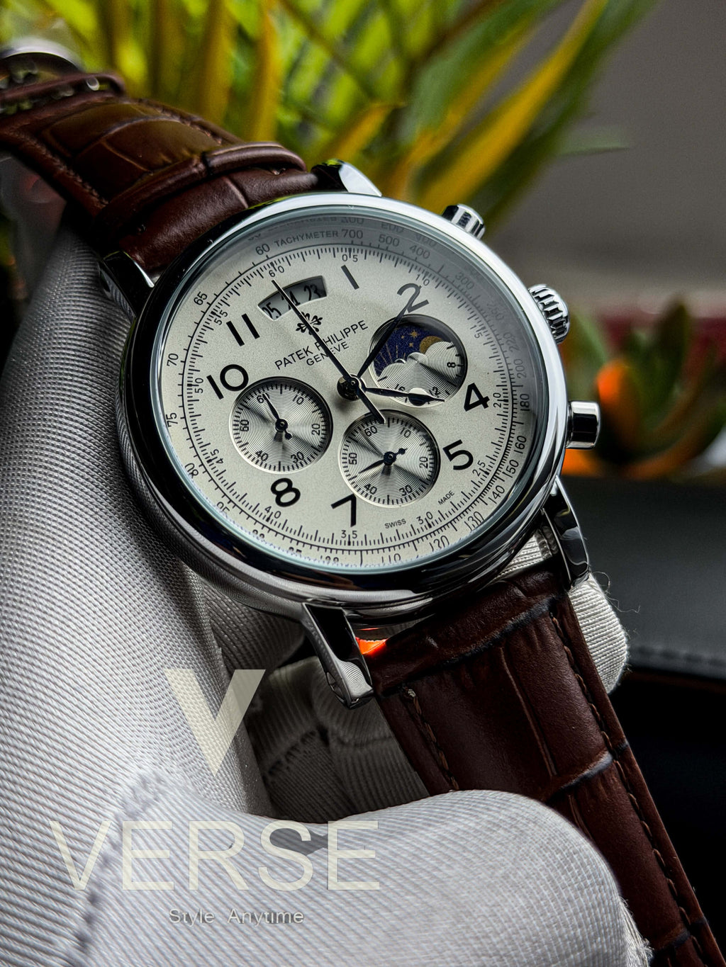Patek Philippe Alchemist Moonphase Chronograph | Brown Leather White Dial Silver Case - ( Double A ) - VERSE -
