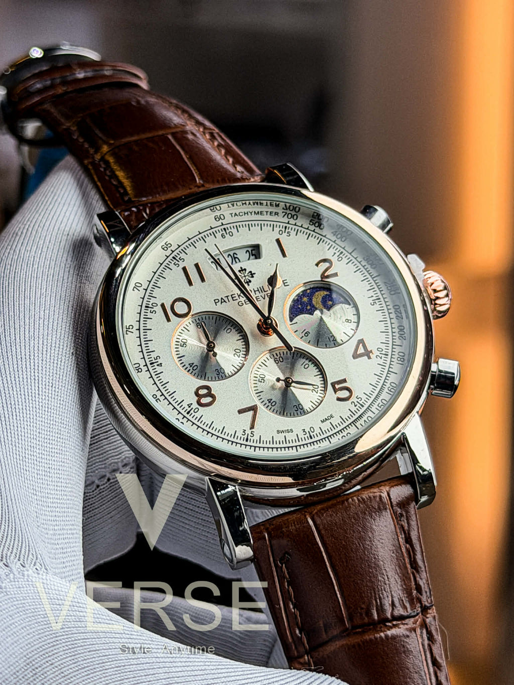 Patek Philippe Alchemist Moonphase Chronograph - Brown Leather White Dial Two - Tone Case AA - VERSE - 