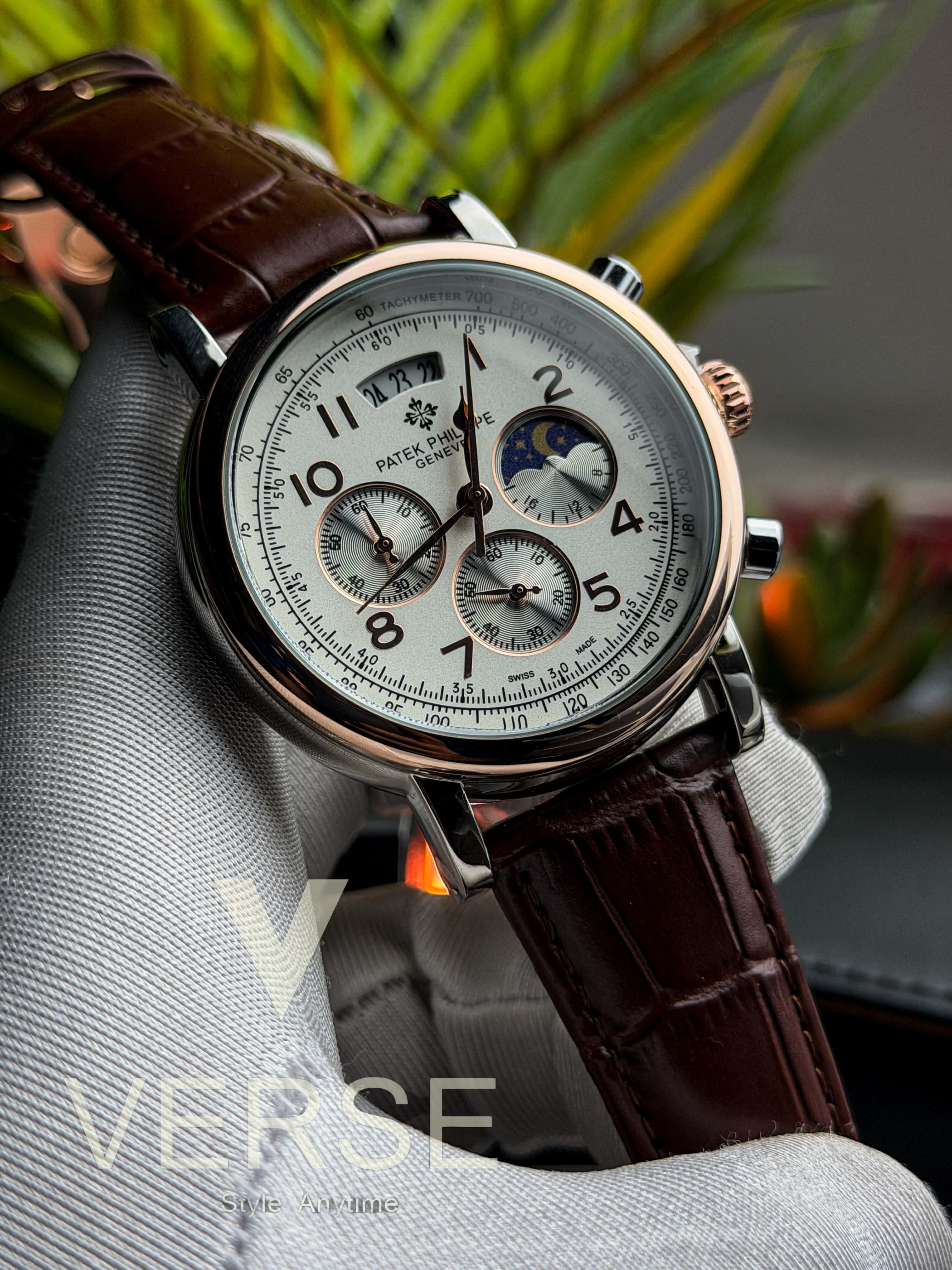 Patek Philippe Alchemist Moonphase Chronograph | Brown Leather White Dial Two-Tone Case - ( Double A ) - VERSE -