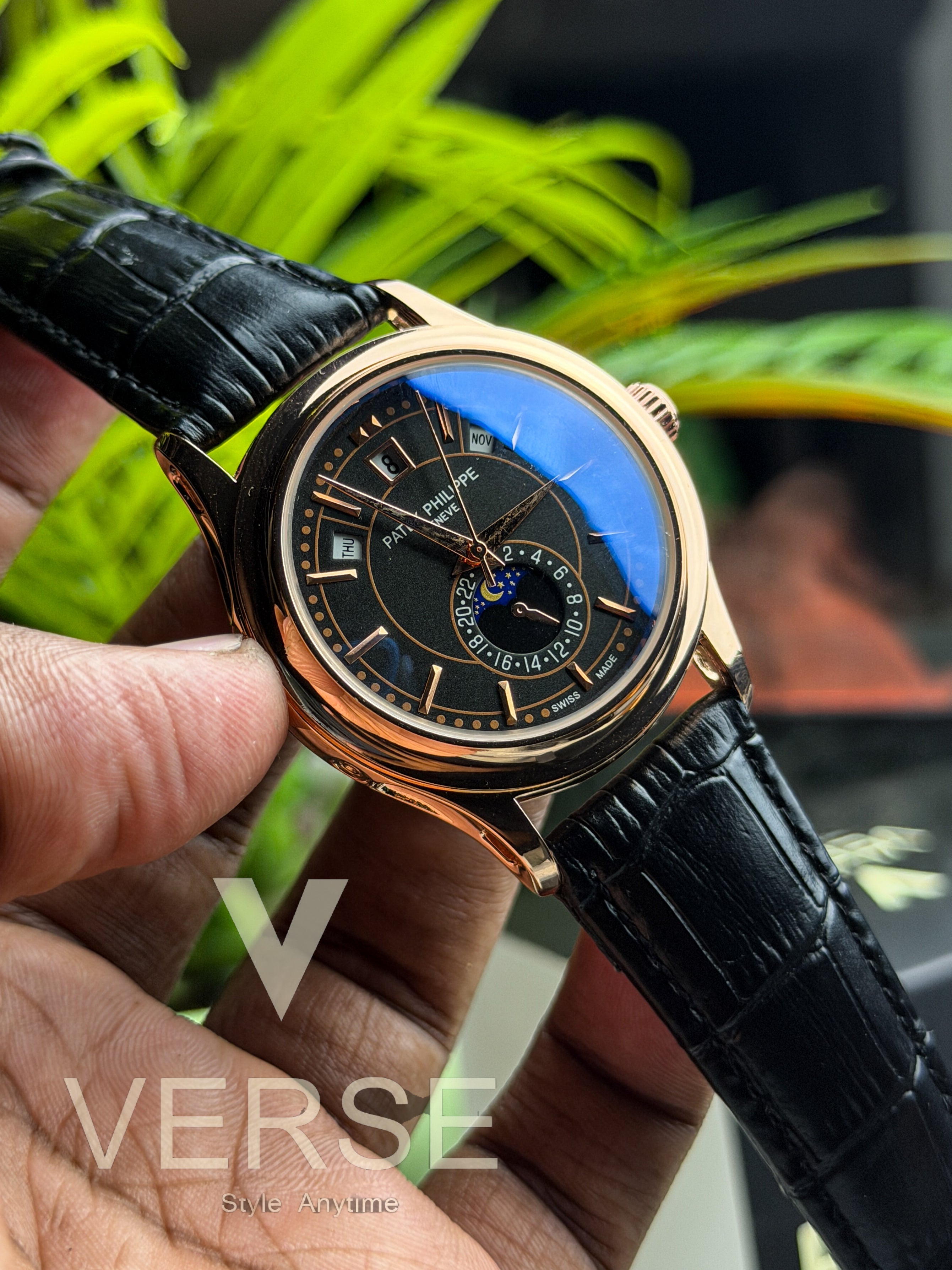 Patek Philippe Complications | Black Leather Rose Gold Case - Quartz ( Double A ) - VERSE -