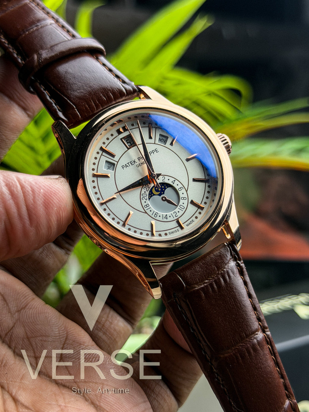 Patek Philippe Complications | Brown Leather Rose Gold Case - Quartz ( Double A ) - VERSE -