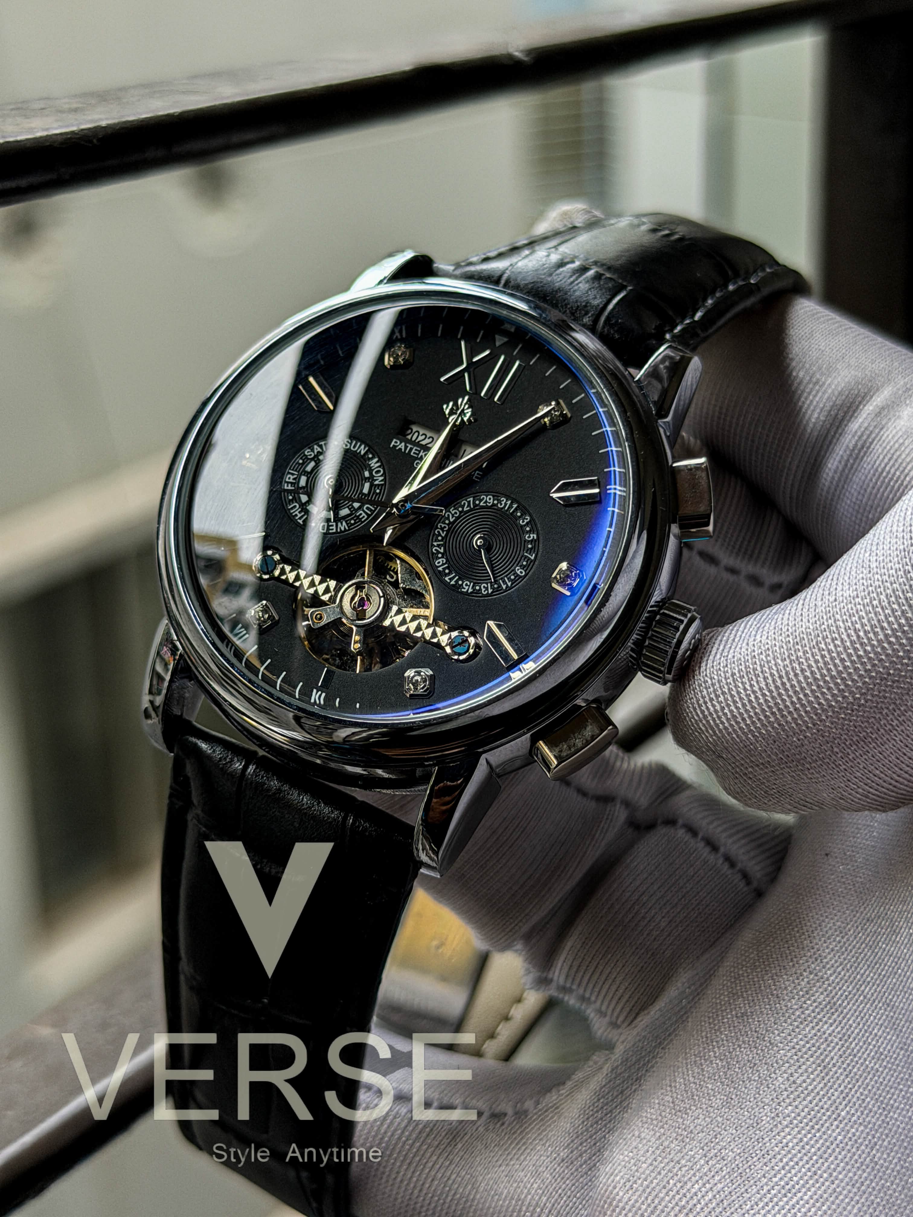 Patek Philippe Grand Flywheel Complication Automatic | Black Dial Black Leather - ( Semi Triple A ) - VERSE -