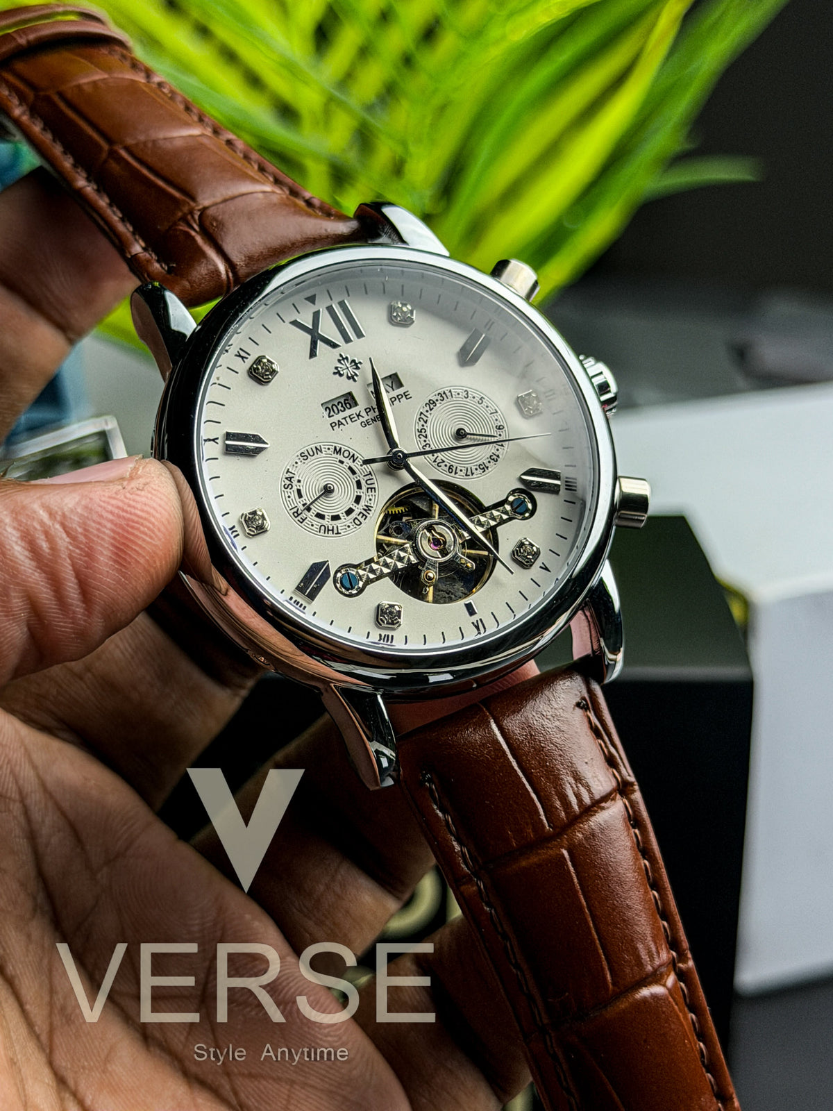 Patek Philippe Grand Flywheel Complication Automatic | White Dial Chestnut Brown Leather - ( Semi Triple A ) - VERSE -