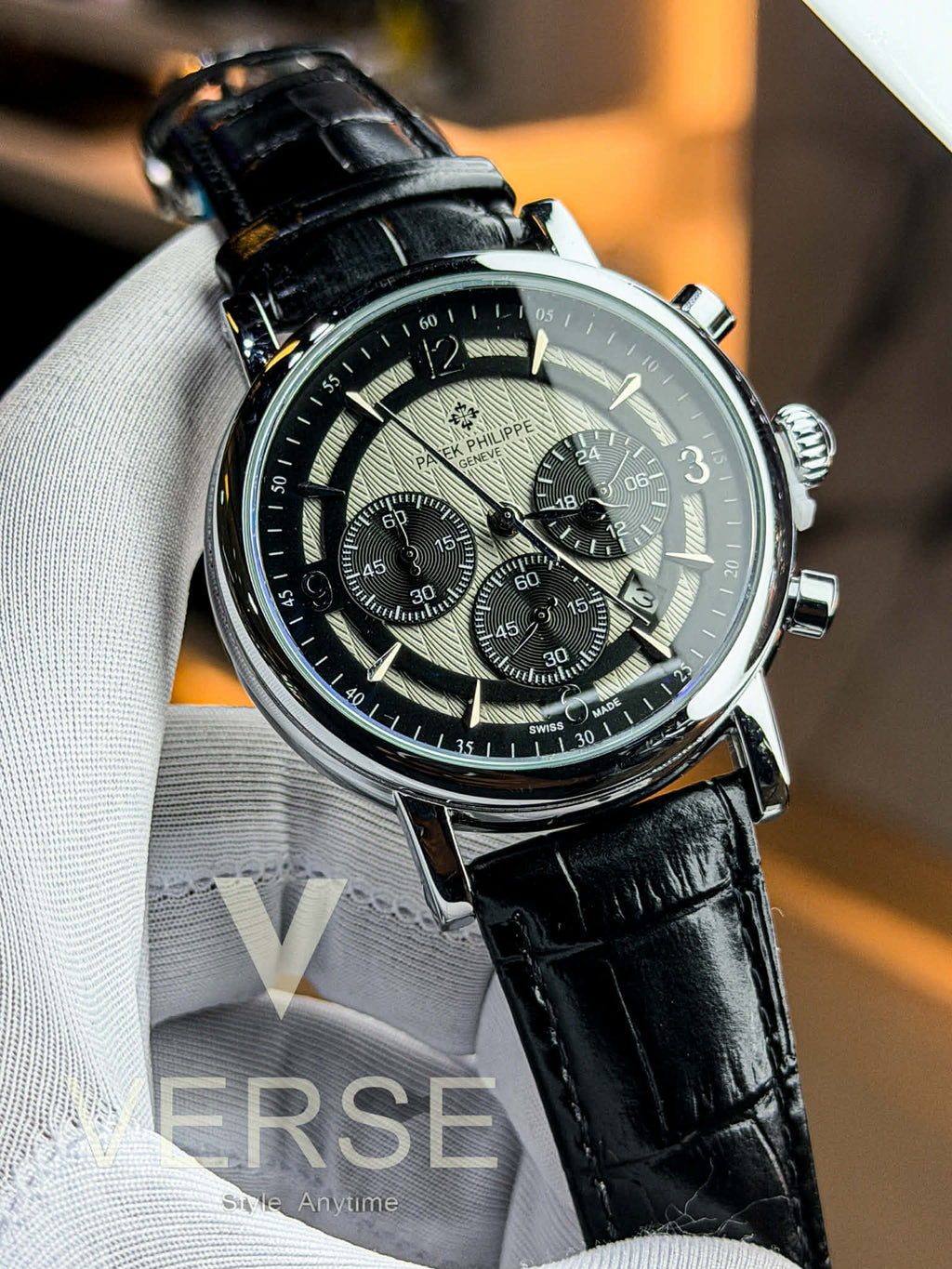 Patek Philippe Guilloché Multifunction Chronograph - Black Leather Black Dial AA - VERSE - 