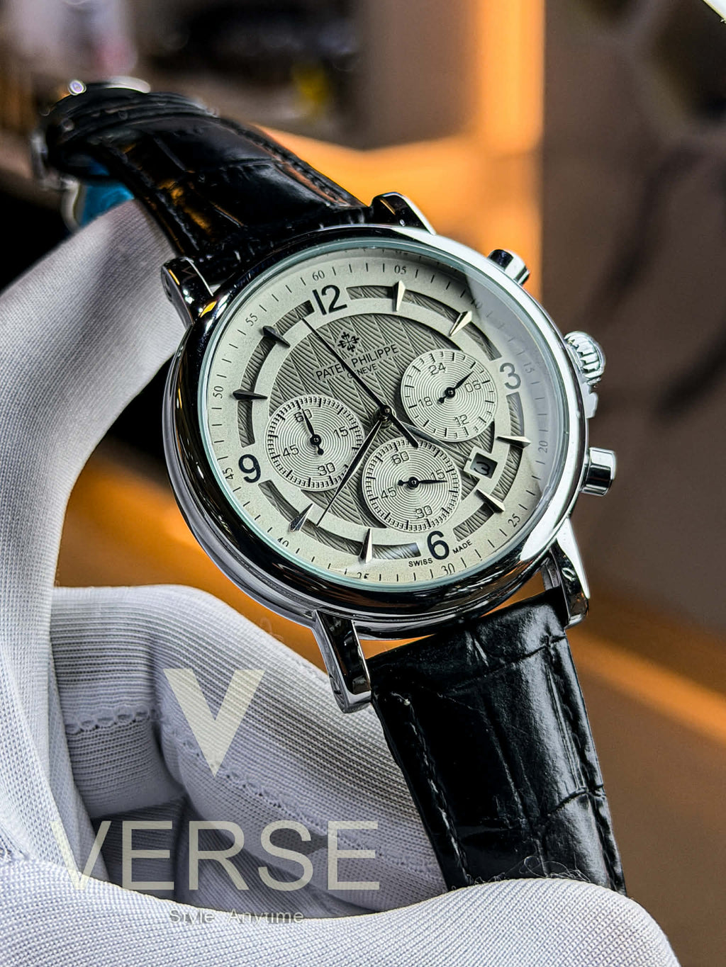 Patek Philippe Guilloché Multifunction Chronograph - Black Leather White Dial AA - VERSE - 