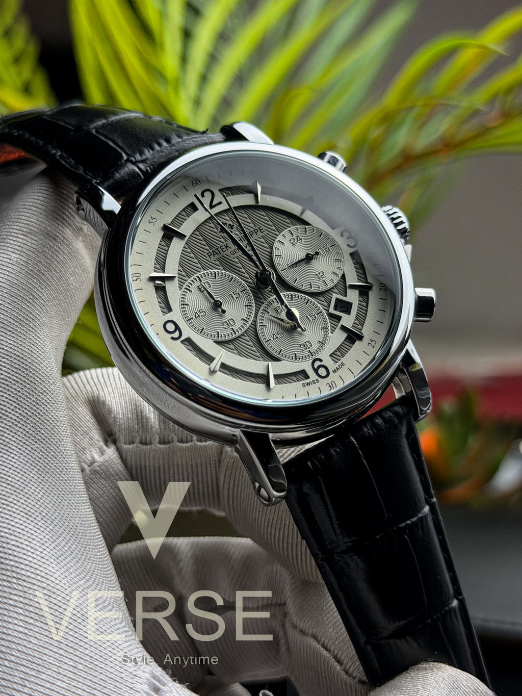Patek Philippe Guilloché Multifunction Chronograph | Black Leather White Dial - ( Double A ) - VERSE -