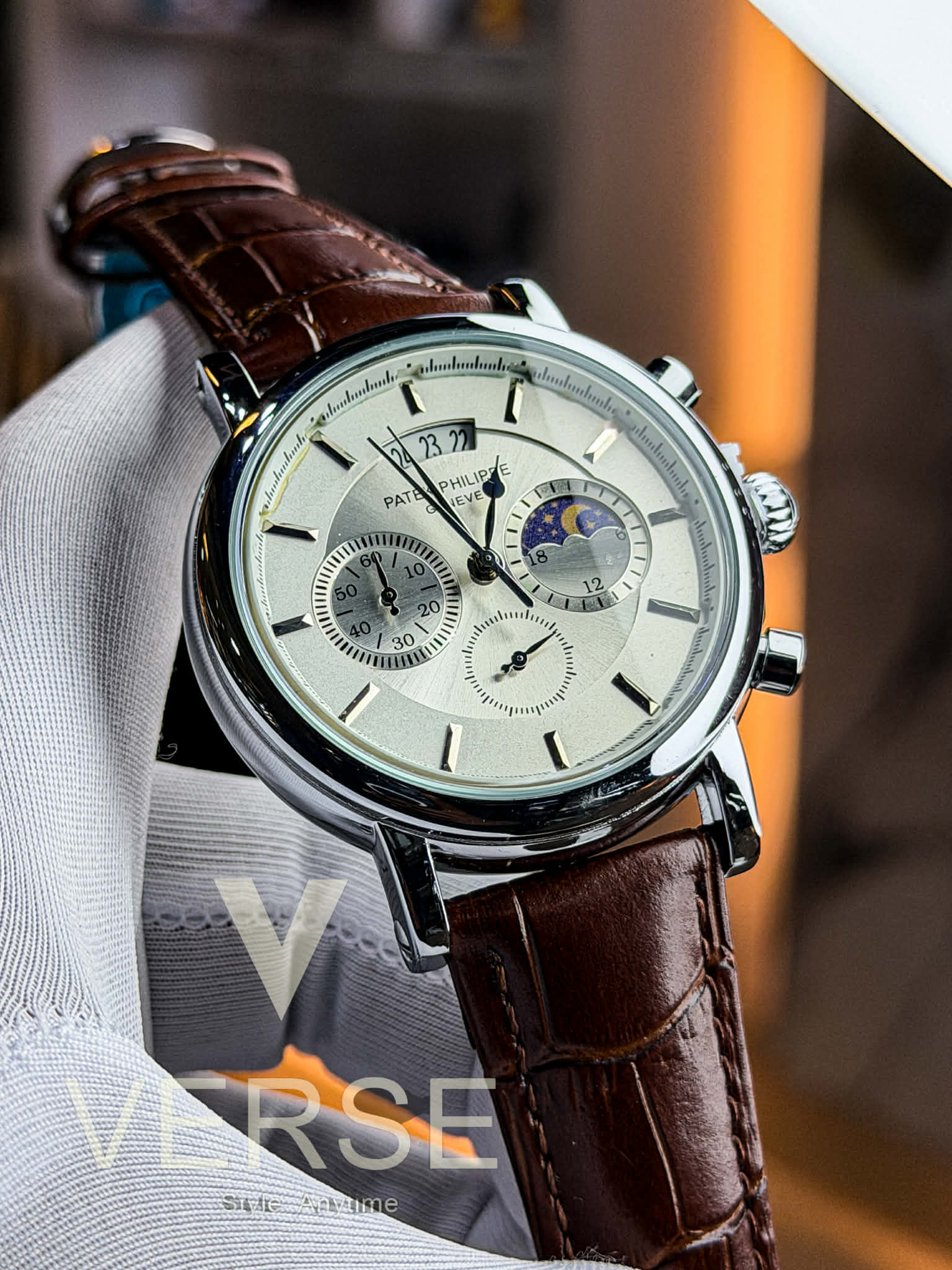 Patek Philippe Heritage Moonphase Chronograph - Brown Leather White Dial AA - VERSE - 