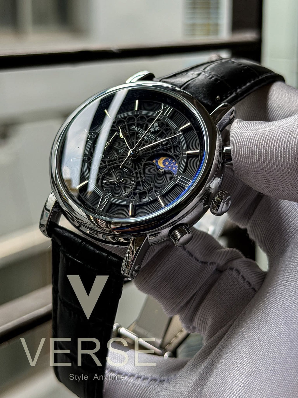 Patek Philippe Moonphase Chronograph | Black Leather Spider Black Dial - ( Double A ) - VERSE -