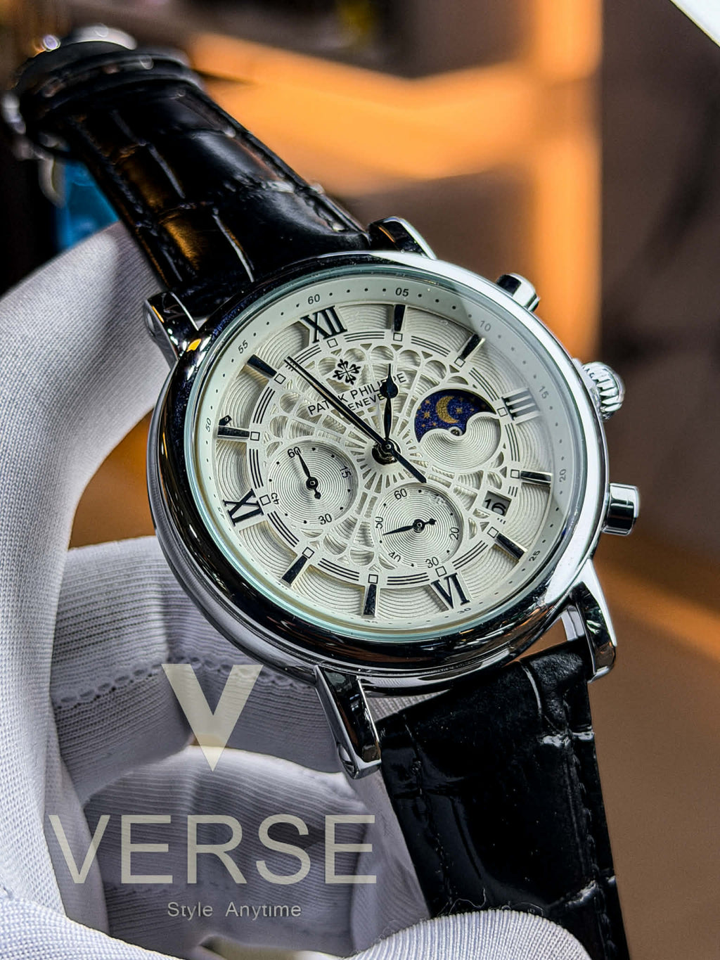Patek Philippe Moonphase Chronograph - Black Leather Spider White Dial AA - VERSE - 