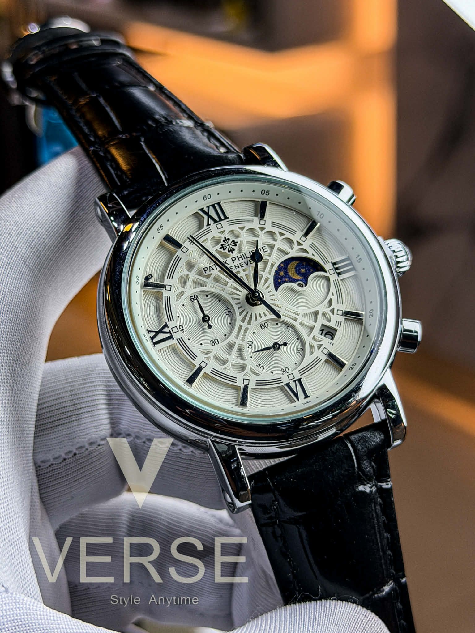 Patek Philippe Moonphase Chronograph - Black Leather Spider White Dial AA - VERSE - 