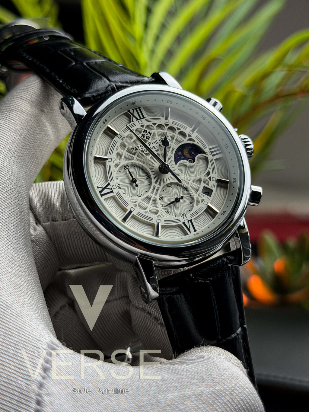 Patek Philippe Moonphase Chronograph | Black Leather Spider White Dial - ( Double A ) - VERSE -