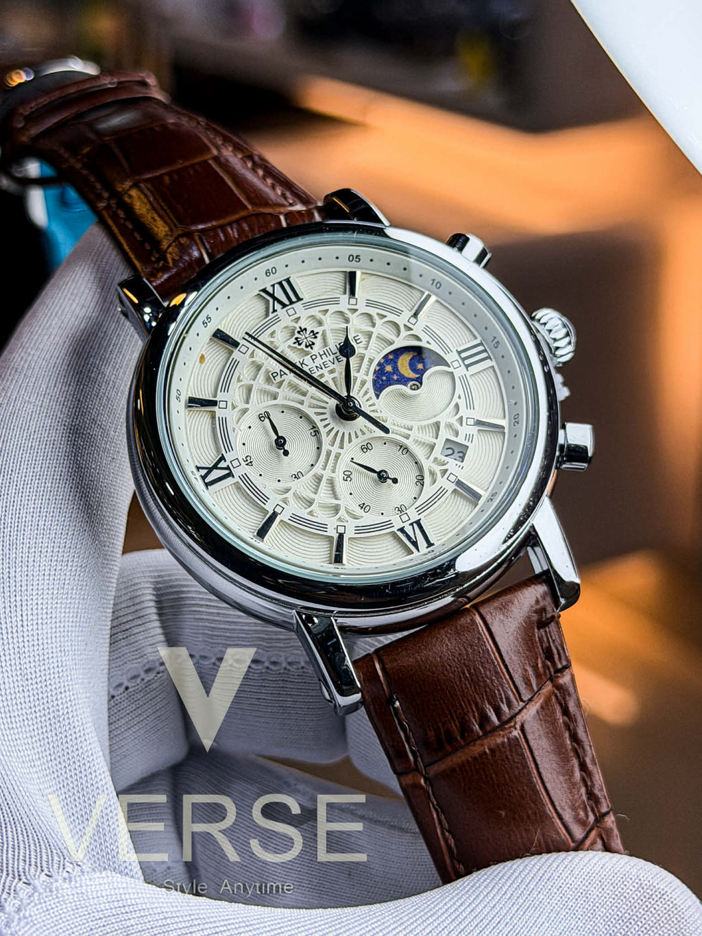 Patek Philippe Moonphase Chronograph - Brown Leather Spider White Dial AA - VERSE - 