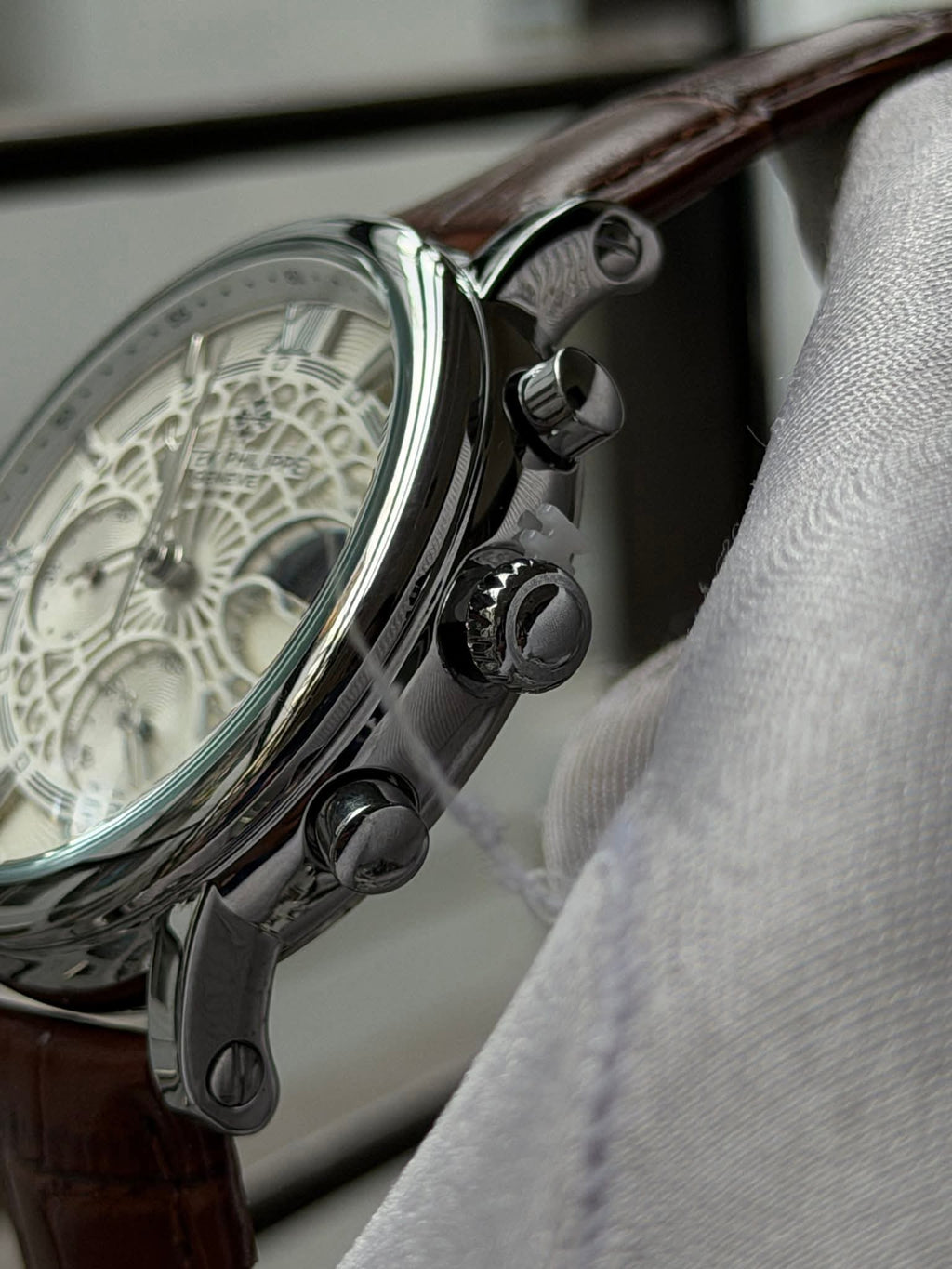 Patek Philippe Moonphase Chronograph | Brown Leather Spider White Dial - ( Double A ) - VERSE -
