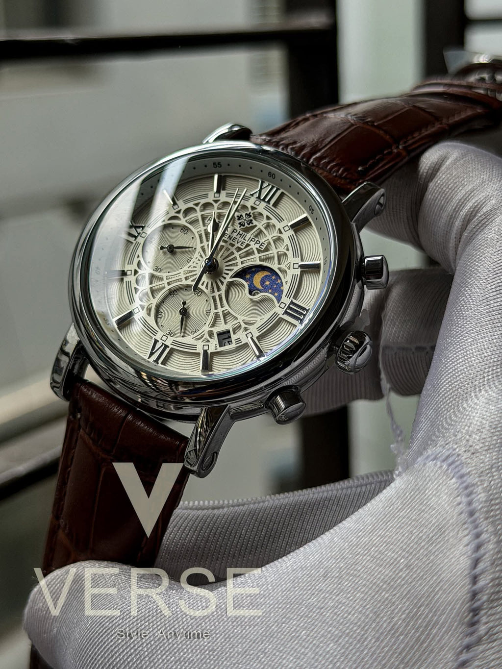 Patek Philippe Moonphase Chronograph | Brown Leather Spider White Dial - ( Double A ) - VERSE -