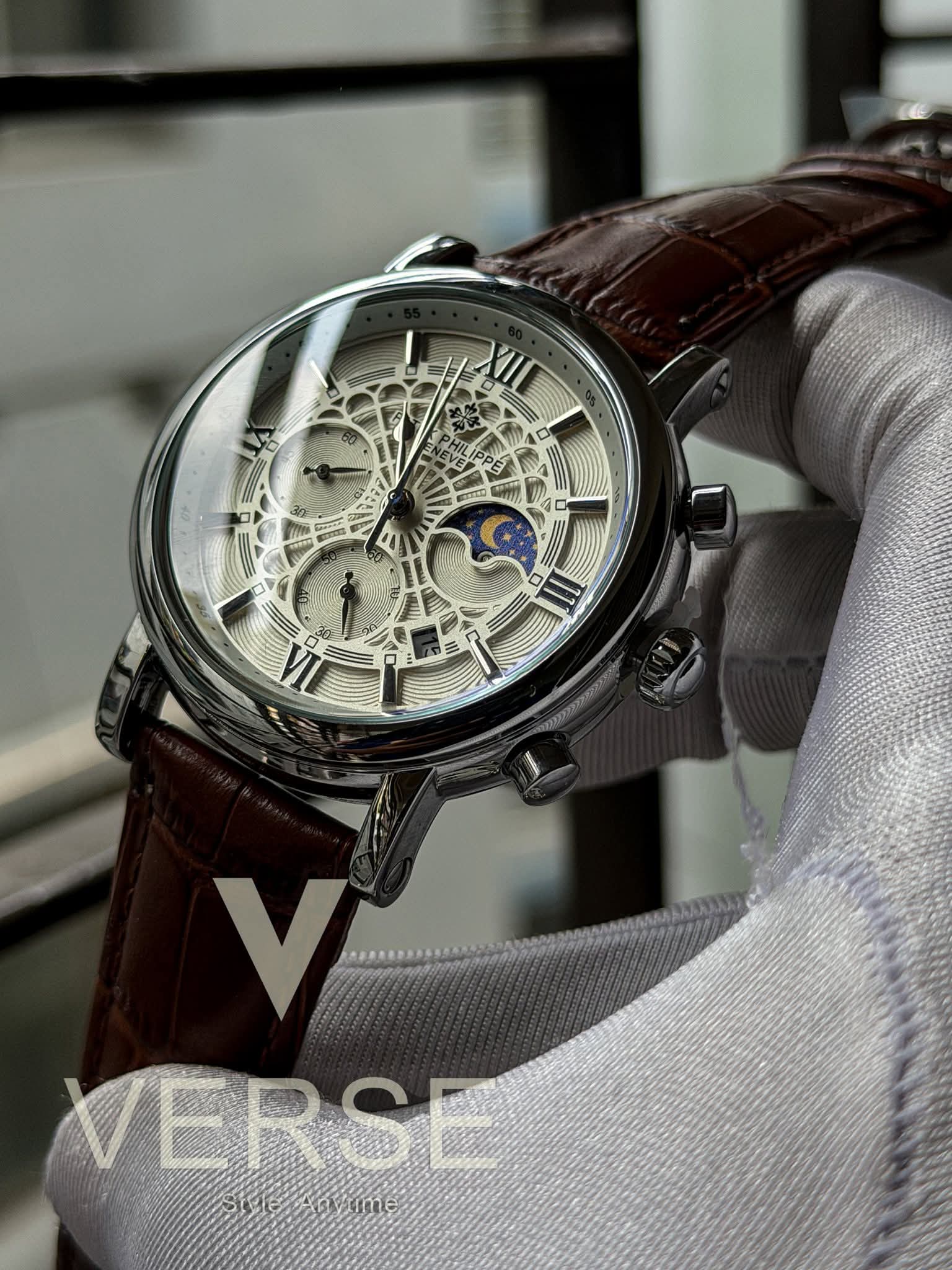Patek Philippe Moonphase Chronograph | Brown Leather Spider White Dial - ( Double A ) - VERSE -
