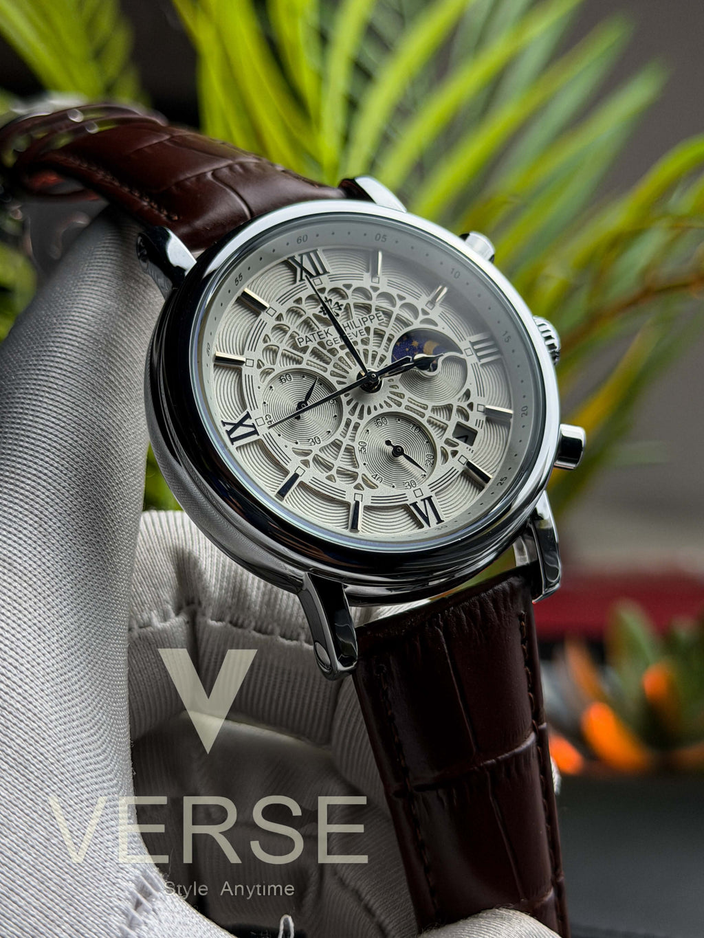 Patek Philippe Moonphase Chronograph | Brown Leather Spider White Dial - ( Double A ) - VERSE -