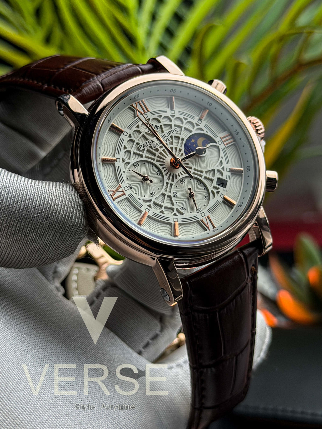 Patek Philippe Moonphase Chronograph | Brown Leather Spider White Dial RG Case - ( Double A ) - VERSE -