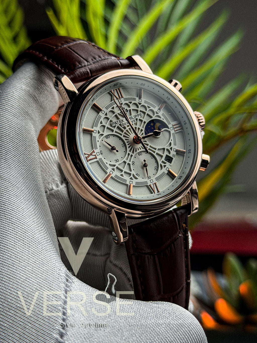 Patek Philippe Moonphase Chronograph | Brown Leather Spider White Dial RG Case - ( Double A ) - VERSE -