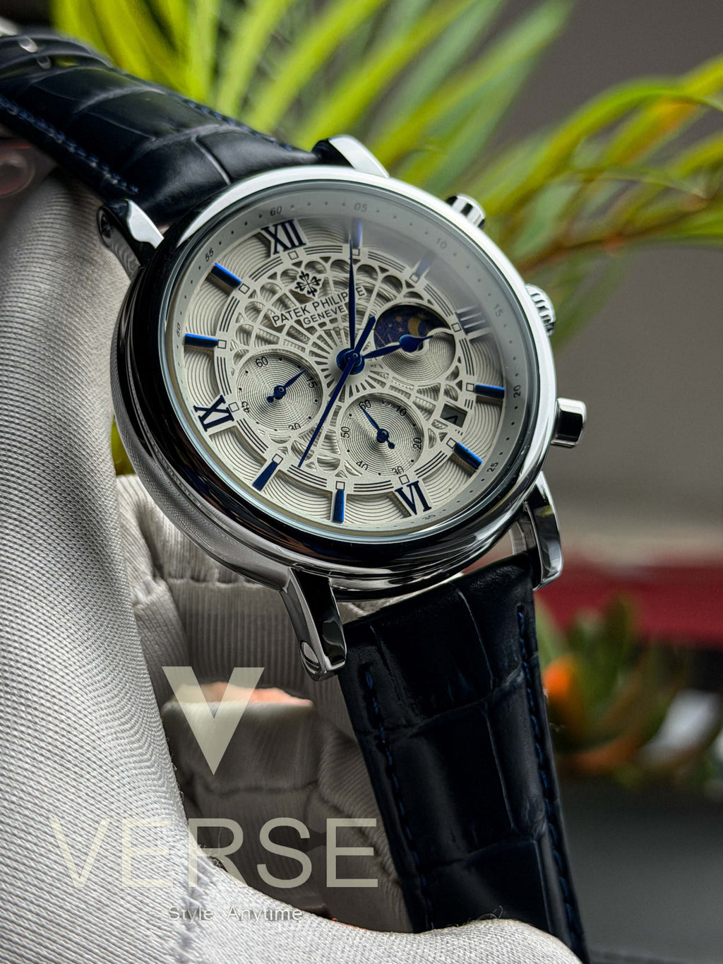 Patek Philippe Moonphase Chronograph | Navy Leather Spider White Dial - ( Double A ) - VERSE -