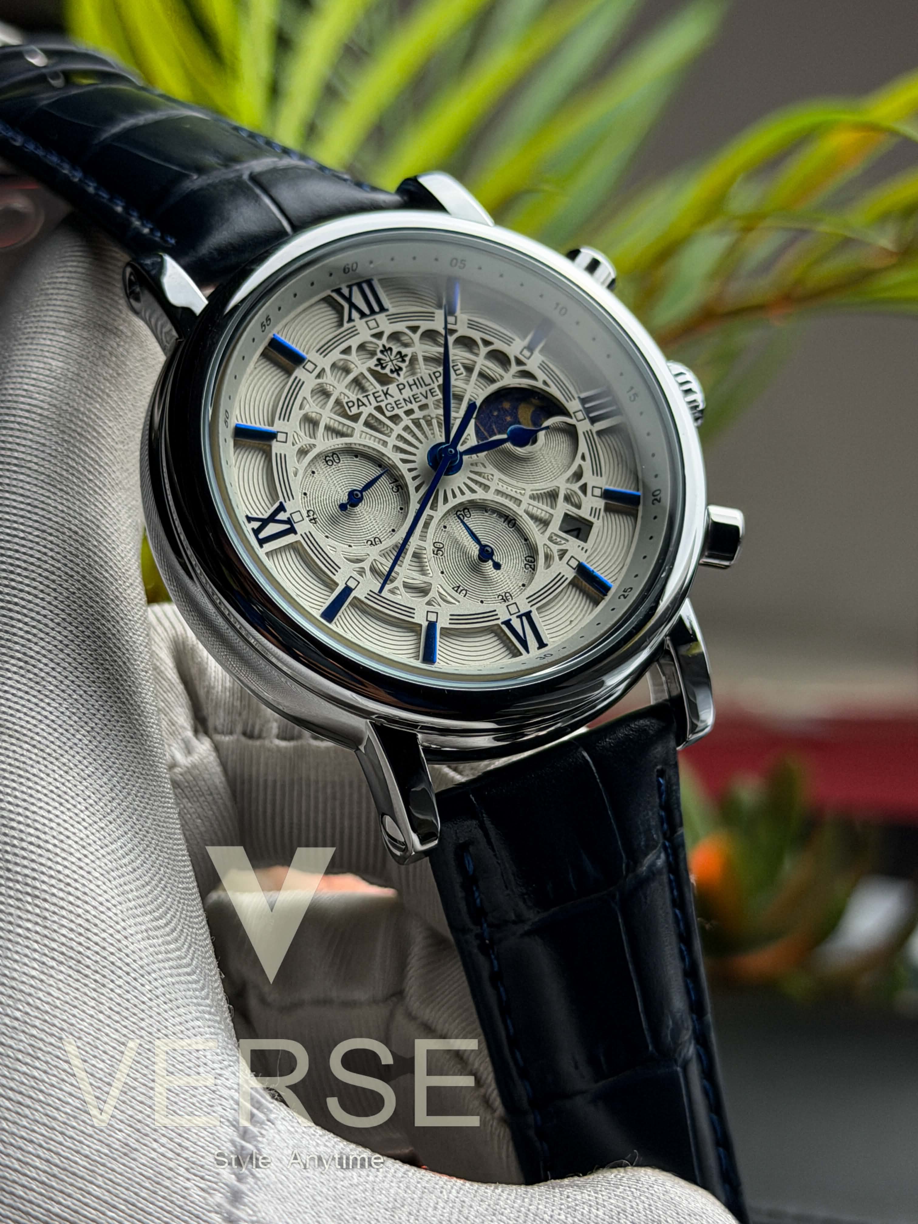 Patek Philippe Moonphase Chronograph | Navy Leather Spider White Dial - ( Double A ) - VERSE -