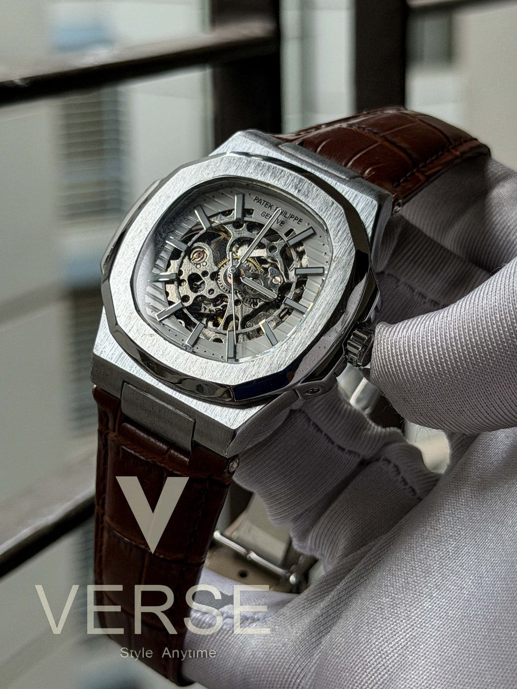 Patek Philippe Nautilus Automatic | Brown Leather White Skeleton Dial - ( Double A ) - VERSE -