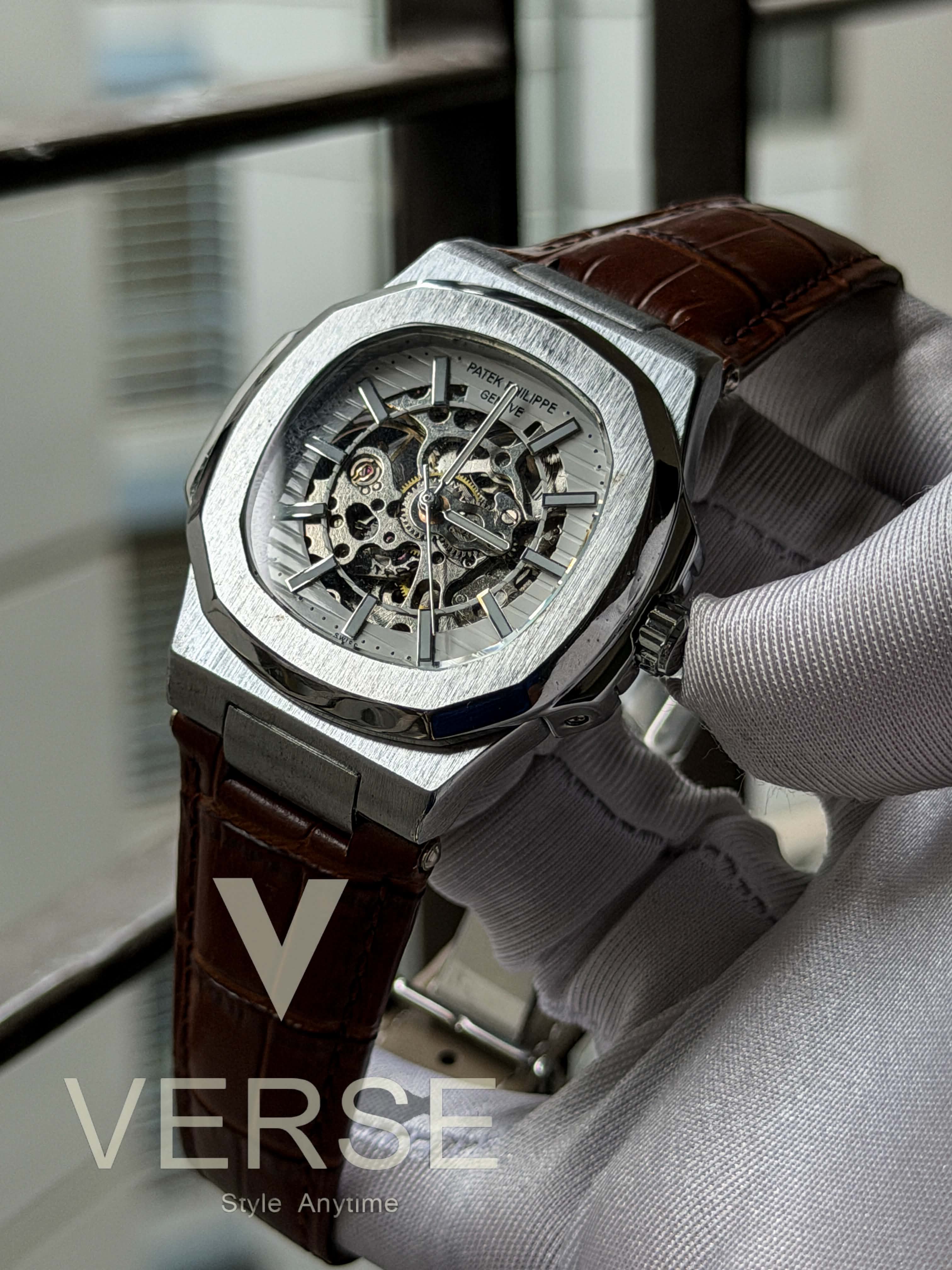Patek Philippe Nautilus Automatic | Brown Leather White Skeleton Dial - ( Double A ) - VERSE -