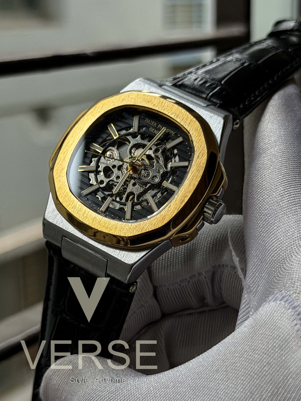 Patek Philippe Nautilus Automatic | Two-Tone Black Leather Black Skeleton Dial - ( Double A ) - VERSE -